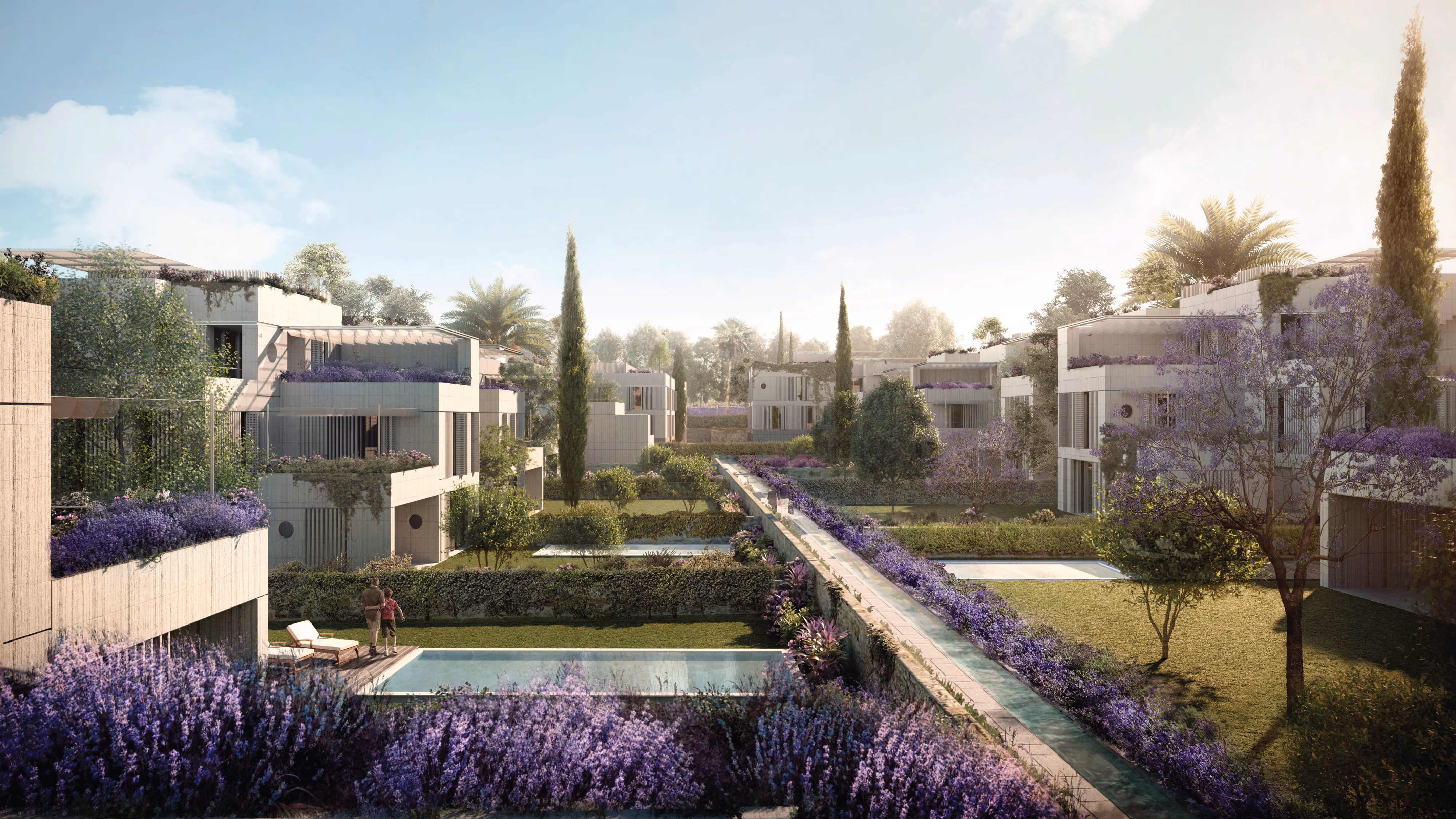 Bramieh Village 1 & 2 in Bramieh, terraced residential buildings with roof gardens set among lavender beds, lawns, private pools and a central water channel