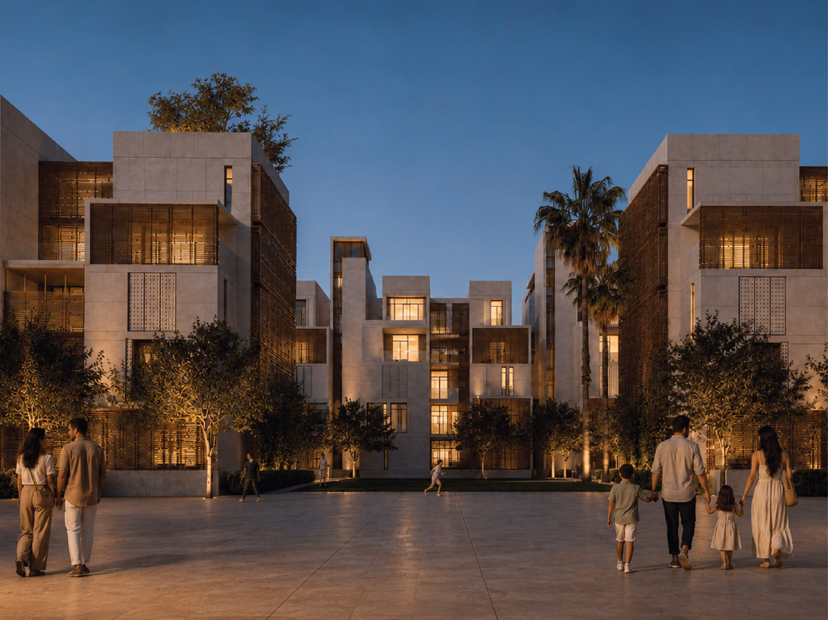 Twilight courtyard view of Doha Gardens in Al Khobar, families walking past stone-clad apartment blocks with mashrabiya screens and illuminated windows