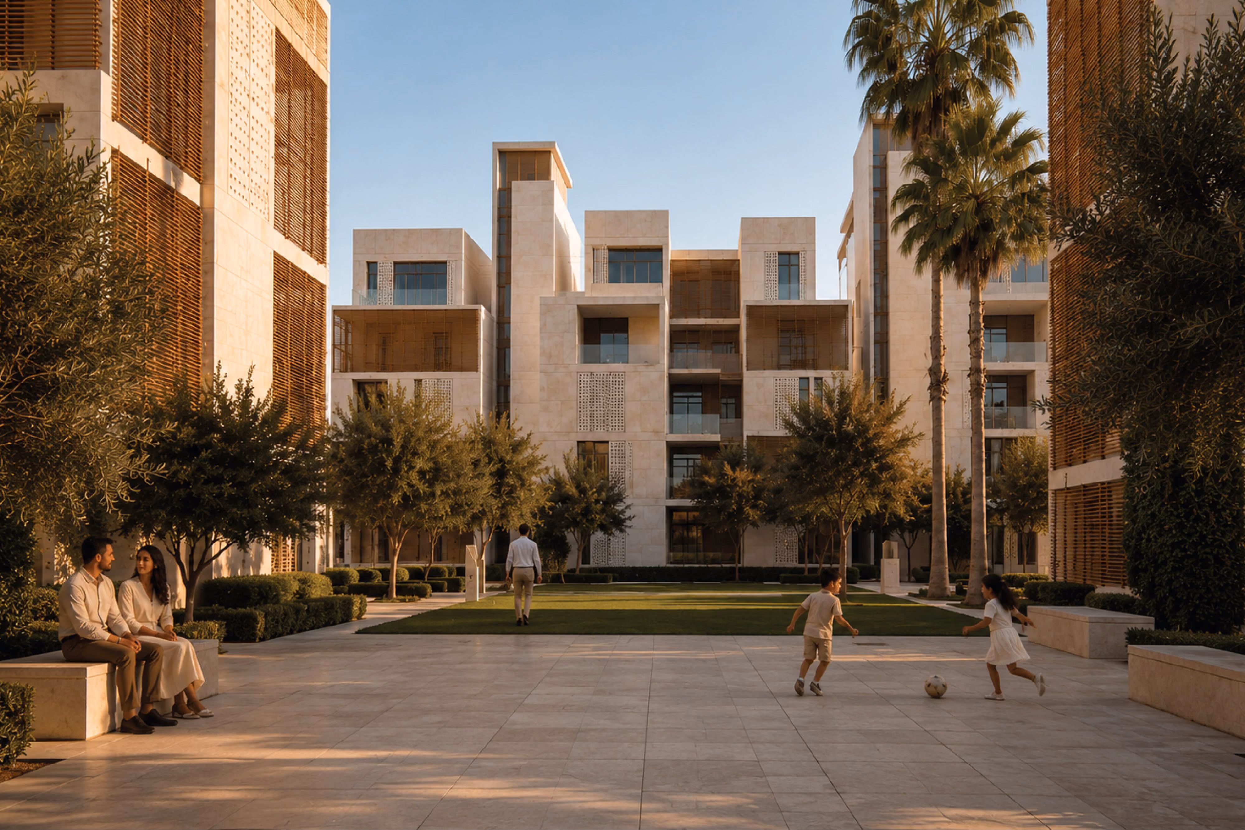 Doha Gardens, a contemporary Islamic-style residential development by Nabil Gholam Architects, stone buildings with wooden screens framing a landscaped courtyard in Al Khobar, Saudi Arabia