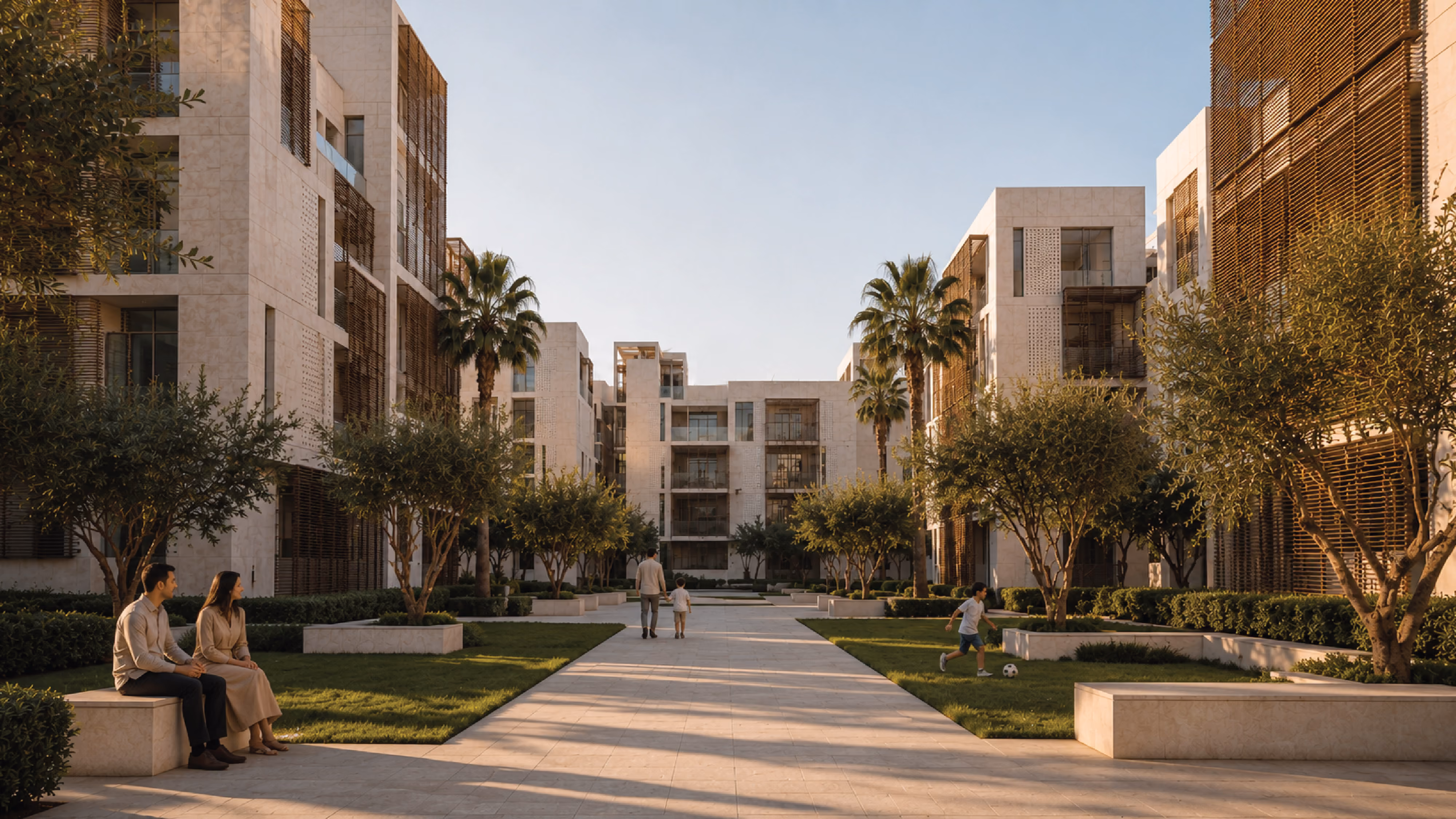 Landscaped courtyard at Doha Gardens in Al Khobar, families walking and children playing amid palm trees between stone-clad residential blocks with mashrabiya screens