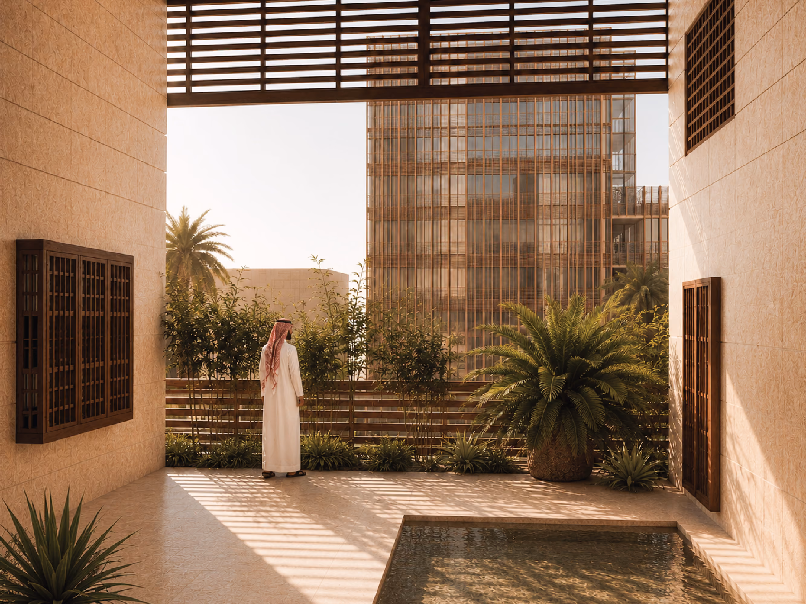 Shaded courtyard at Jabal Omar in Mecca, a robed figure by a reflecting pool with palms and a timber-screened tower rising beyond the wall