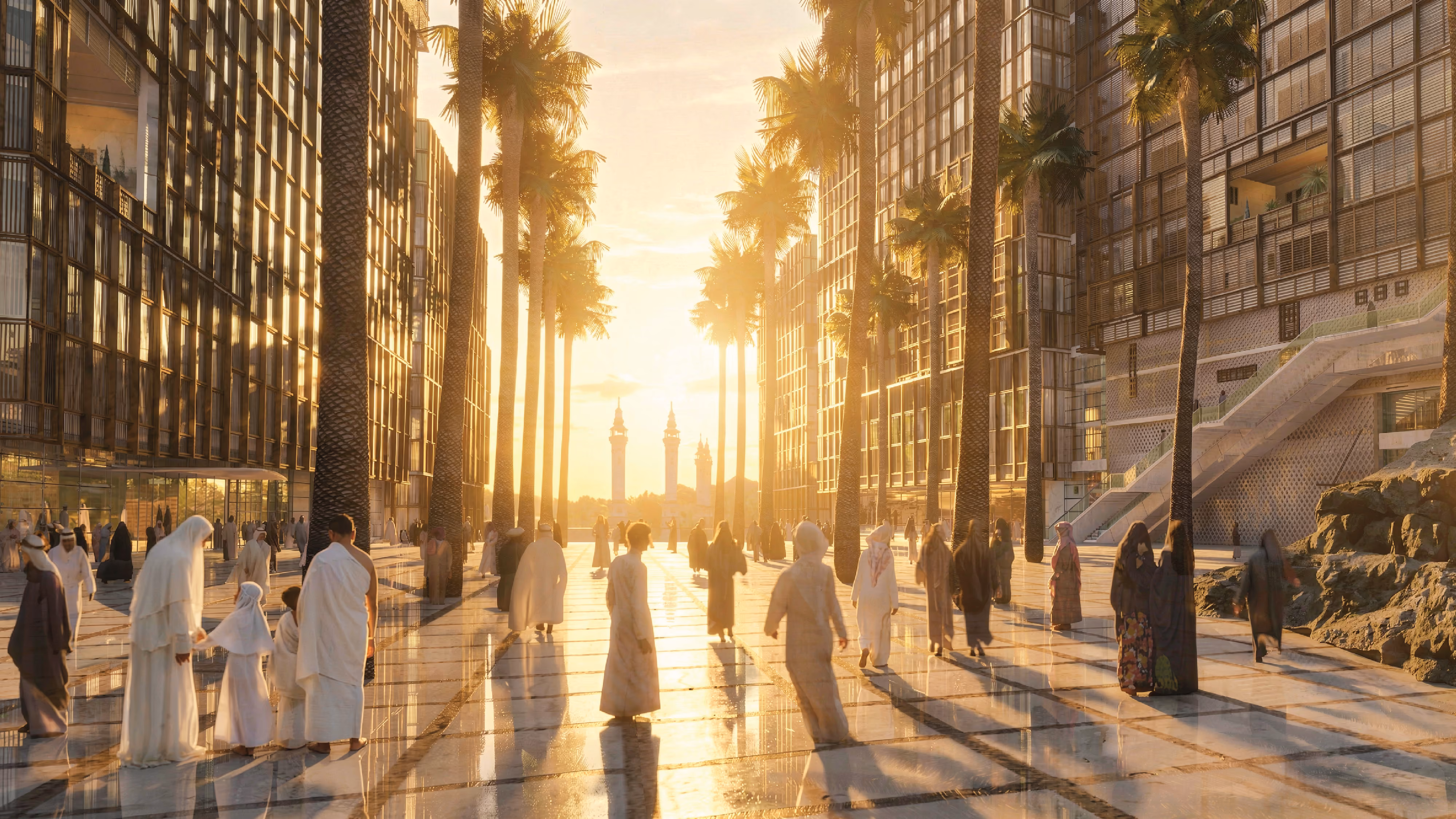 Palm-lined pedestrian boulevard within Jabal Omar in Mecca, pilgrims walking toward distant minarets under a glowing sunset between mixed-use towers