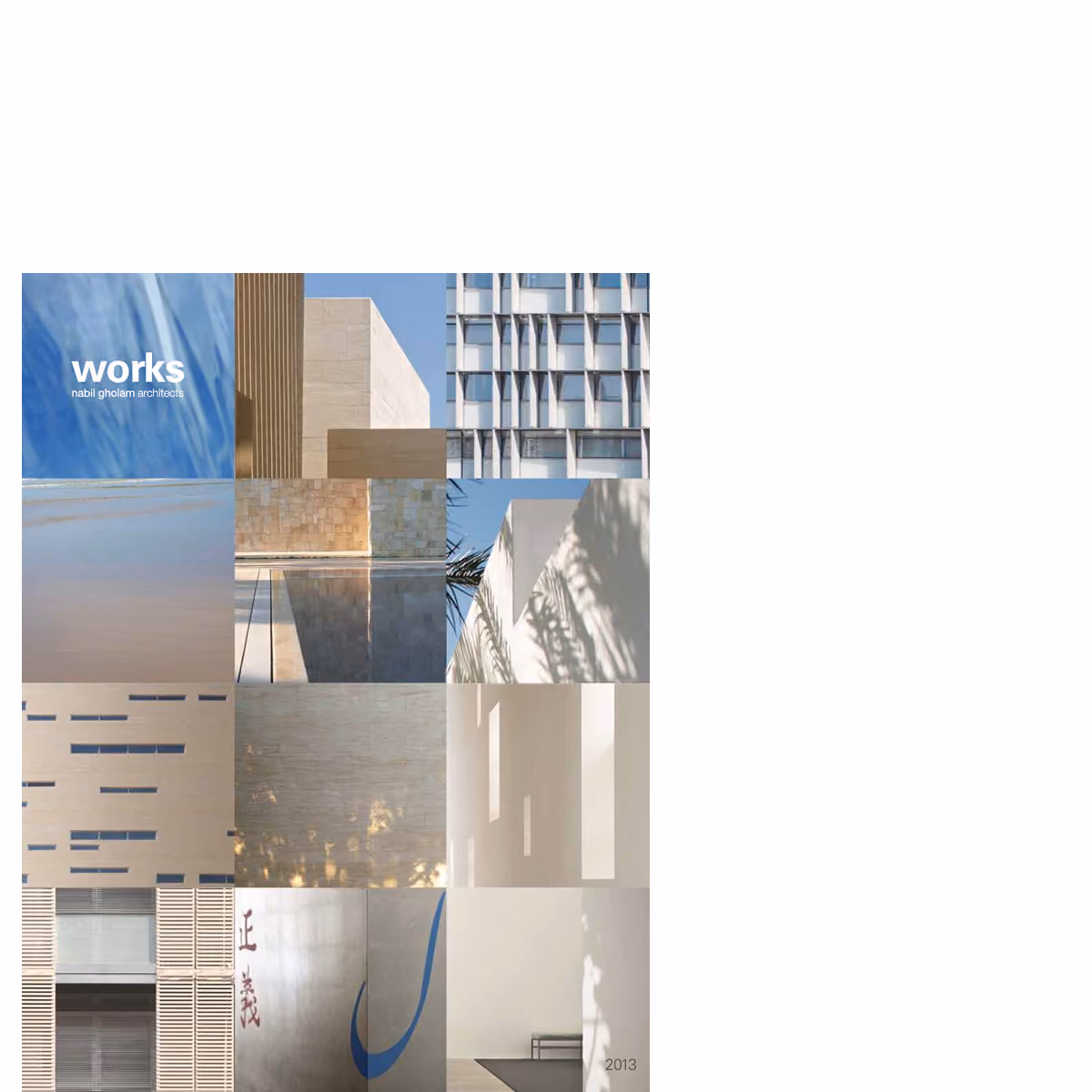 Cover of the 2013 Works publication by Nabil Gholam Architects, a grid of facade and material detail photographs beneath the title
