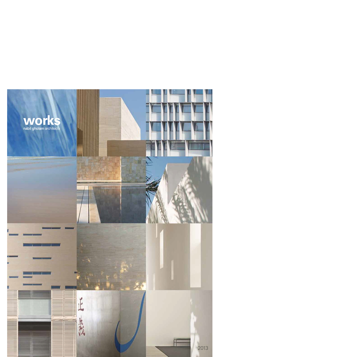 Cover of the 2013 Works publication by Nabil Gholam Architects, a grid of facade and material detail photographs beneath the title