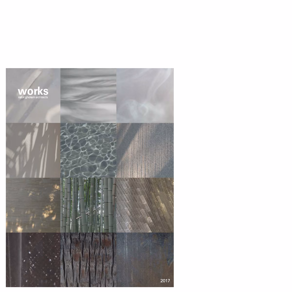 Cover of the 2017 Works publication by Nabil Gholam Architects, a grid of twelve nature and material textures including water, bamboo, sand and bark
