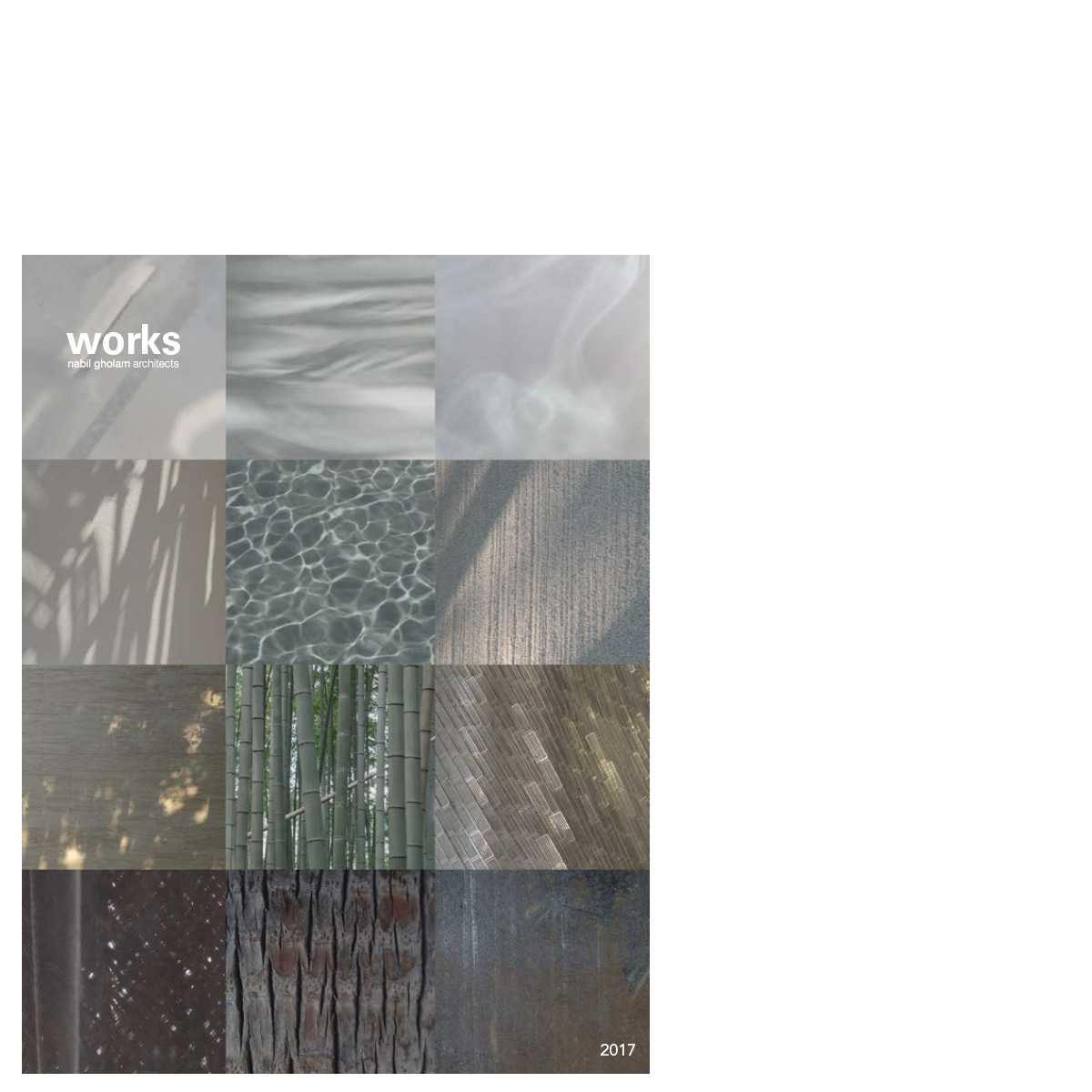 Cover of the 2017 Works publication by Nabil Gholam Architects, a grid of twelve nature and material textures including water, bamboo, sand and bark