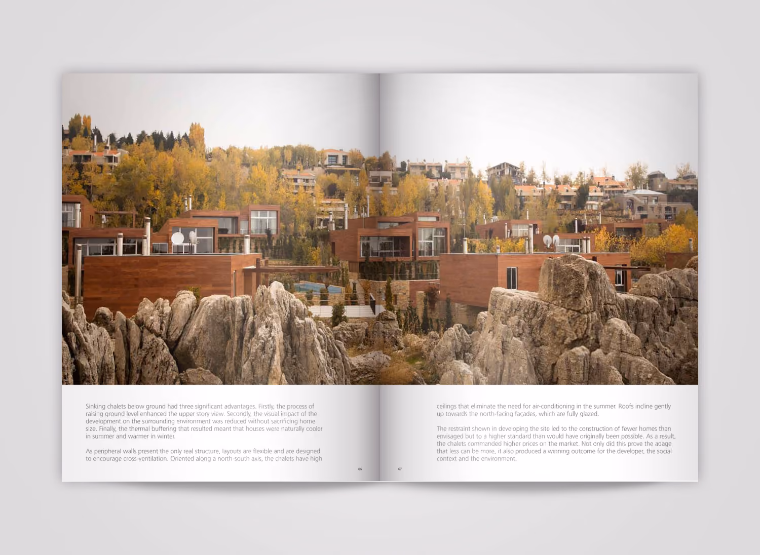 Spread from Eastwest publication showing sunken chalets with timber facades nestled among rocky outcrops, with text describing thermal buffering and flexible layouts