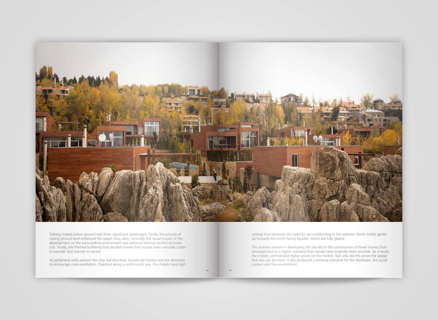 Spread from Eastwest publication showing sunken chalets with timber facades nestled among rocky outcrops, with text describing thermal buffering and flexible layouts