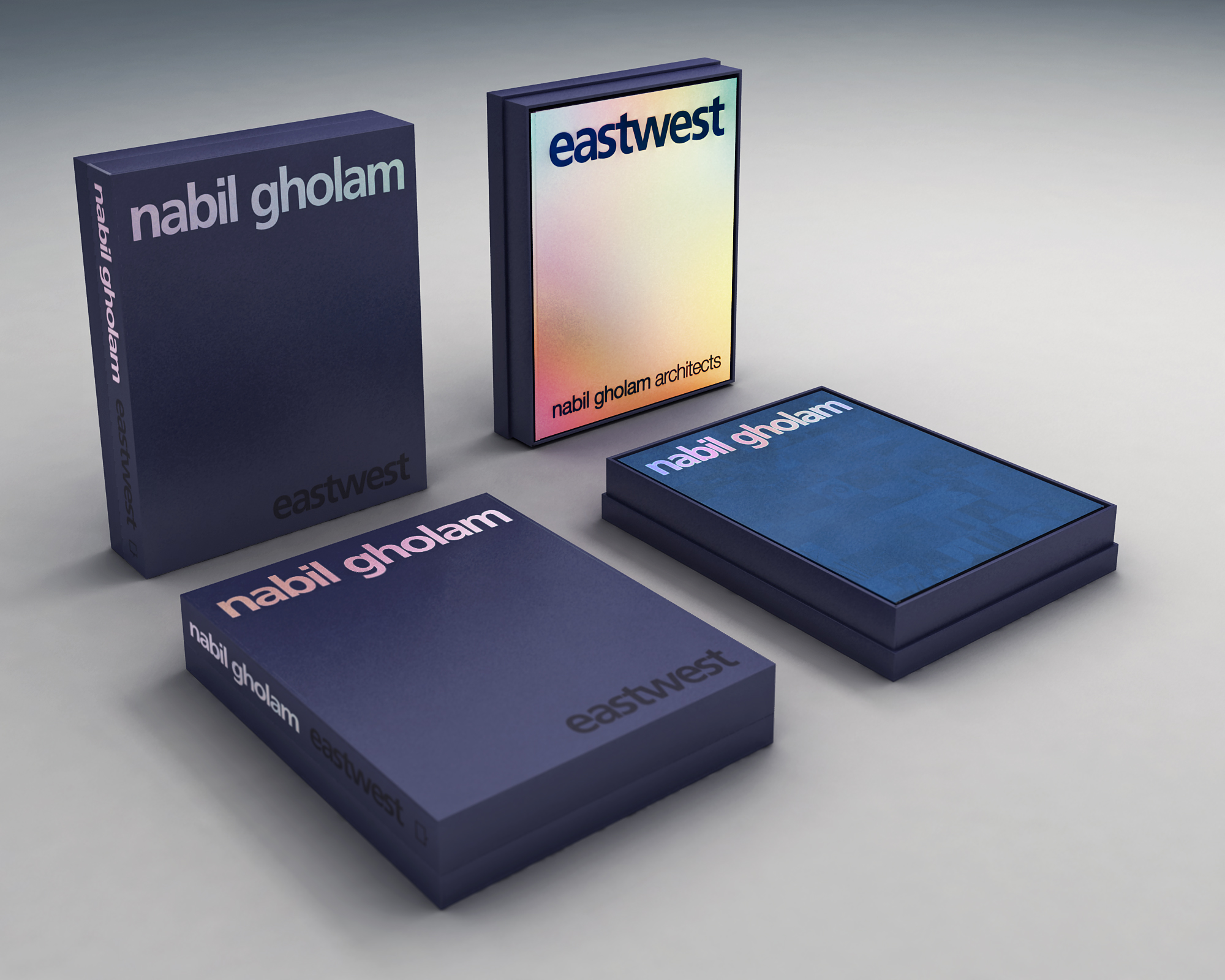Mock-up of Eastwest publication by Nabil Gholam Architects, dark blue slipcase and hardcover editions with an iridescent dust jacket, arranged on a grey surface