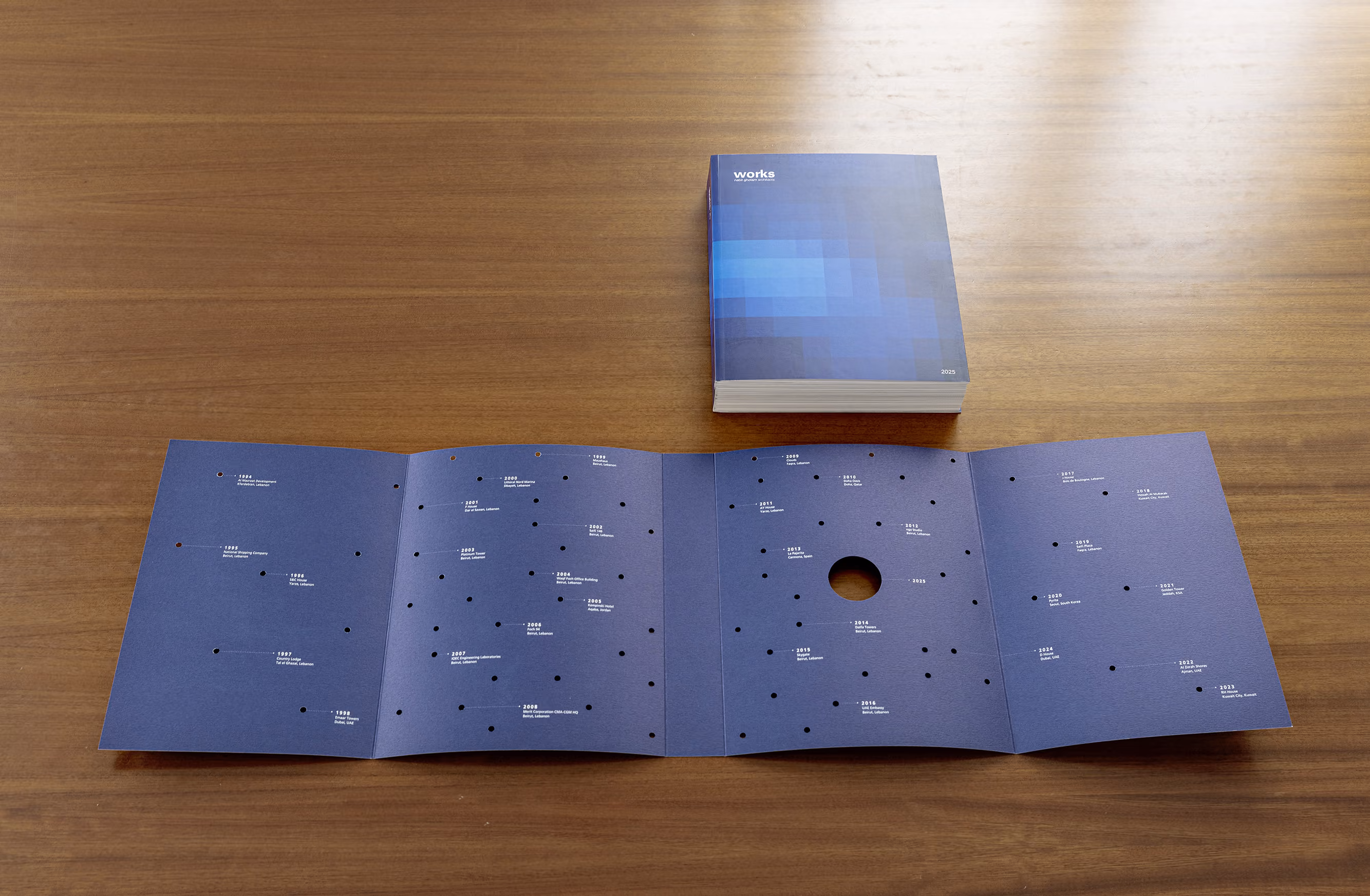 Works 2025 monograph on a wooden table, pixelated blue cover beside its unfolded timeline insert mapping projects by year with dotted lines and dates