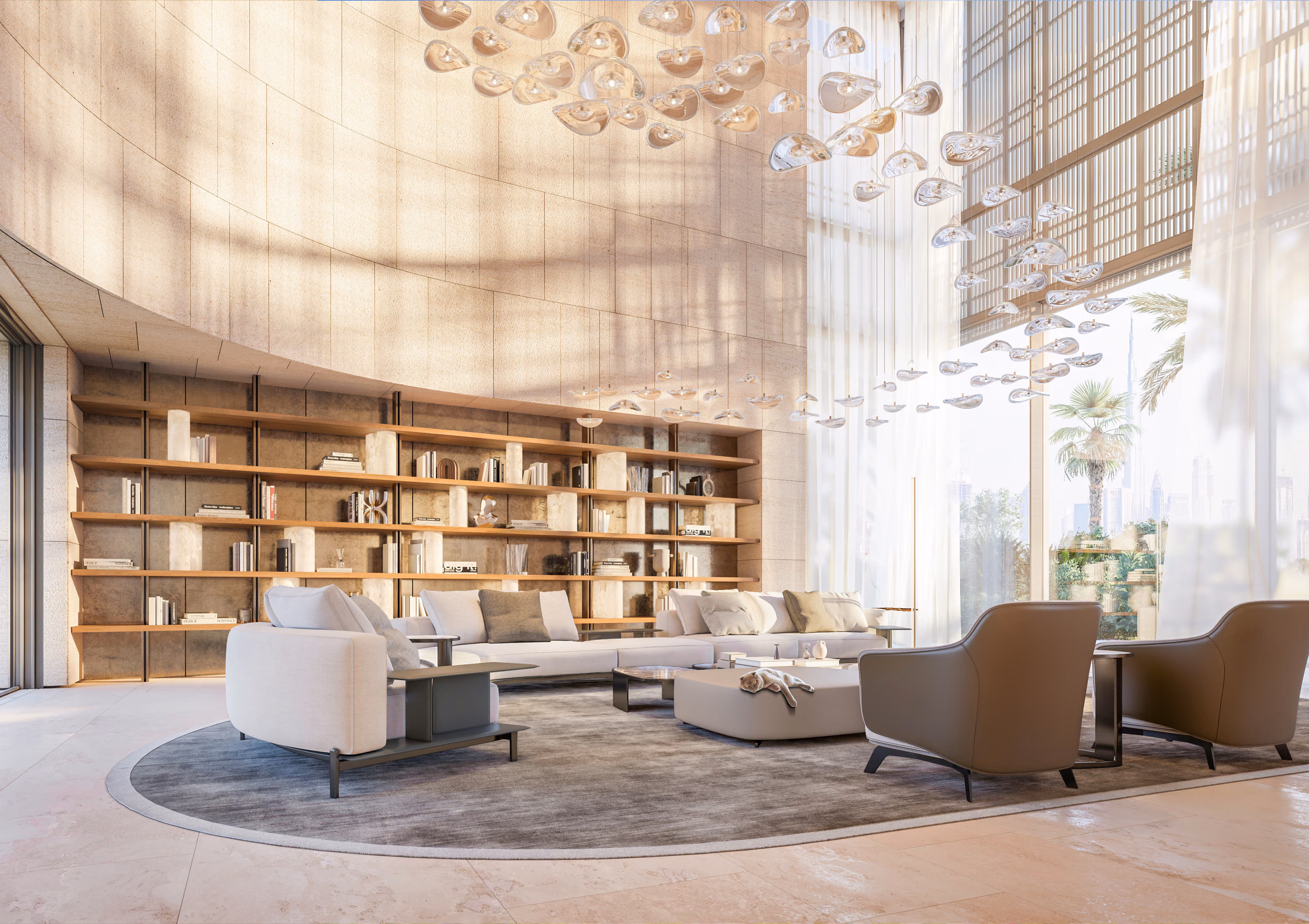 Double-height lounge with curved stone wall, built-in wooden bookshelves, cluster pendant lighting and a view of palm trees and skyline through floor-to-ceiling windows