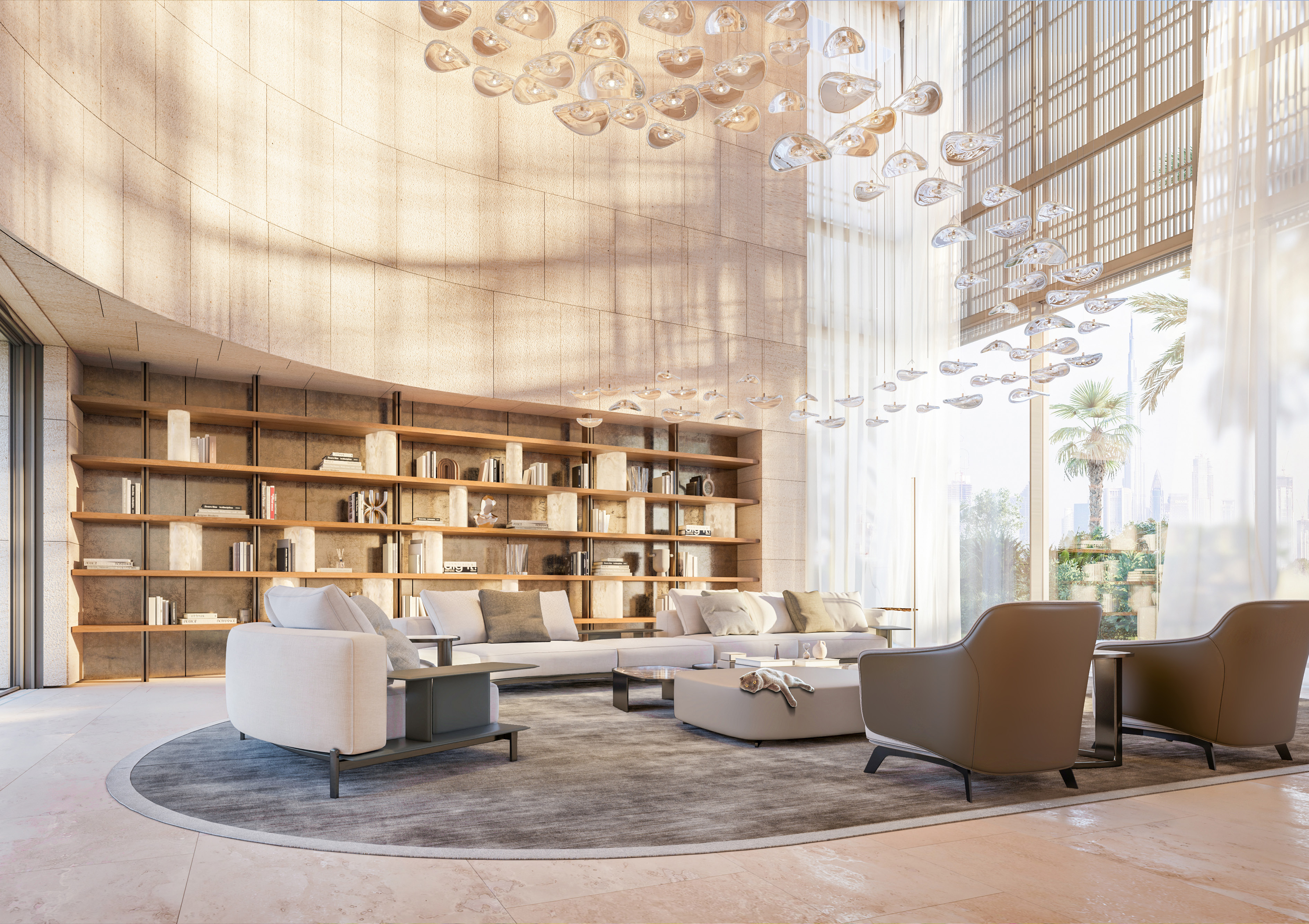 Double-height lounge with curved stone wall, built-in wooden bookshelves, cluster pendant lighting and a view of palm trees and skyline through floor-to-ceiling windows