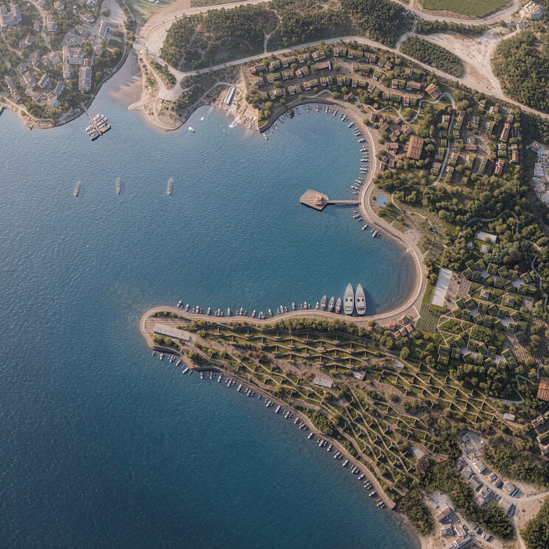 Aerial view of a coastal masterplan by Nabil Gholam Architects, showing a curved marina, moored boats and terraced landscaped grounds along a peninsula