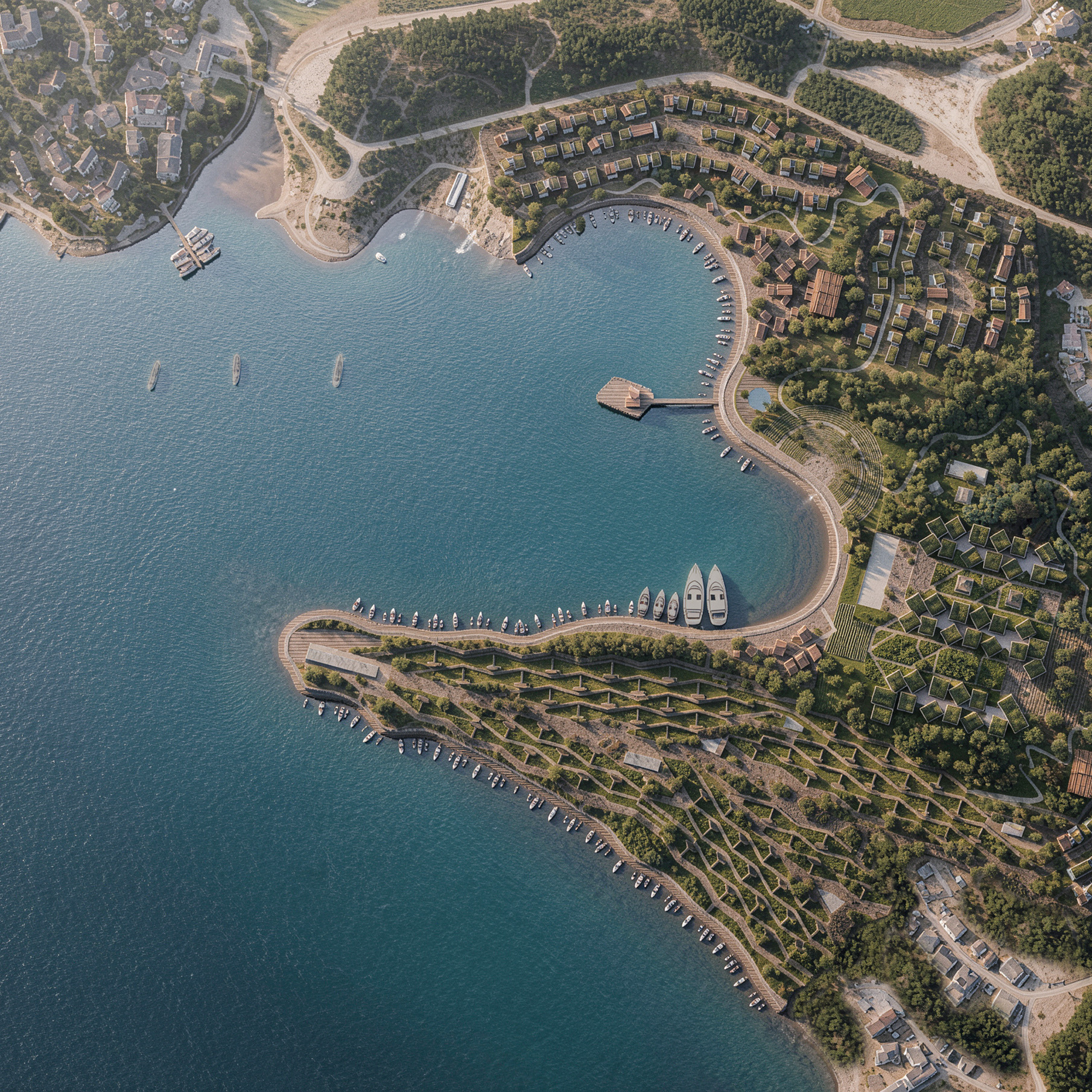 Aerial view of a coastal masterplan by Nabil Gholam Architects, showing a curved marina, moored boats and terraced landscaped grounds along a peninsula