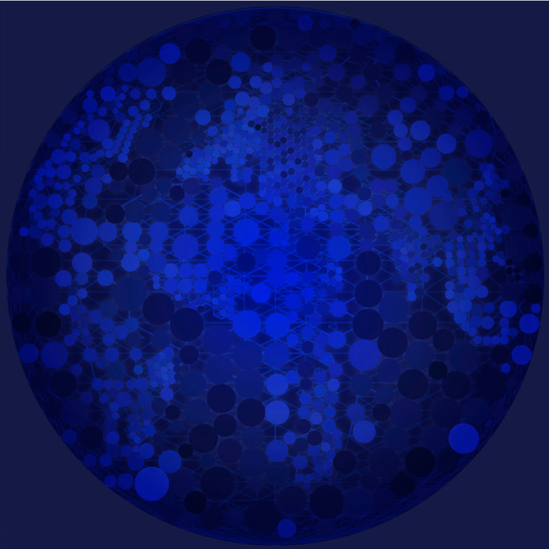 Xmas 2017 greeting card from Nabil Gholam Architects, abstract sphere of overlapping blue circles and faint connecting lines on a dark navy background