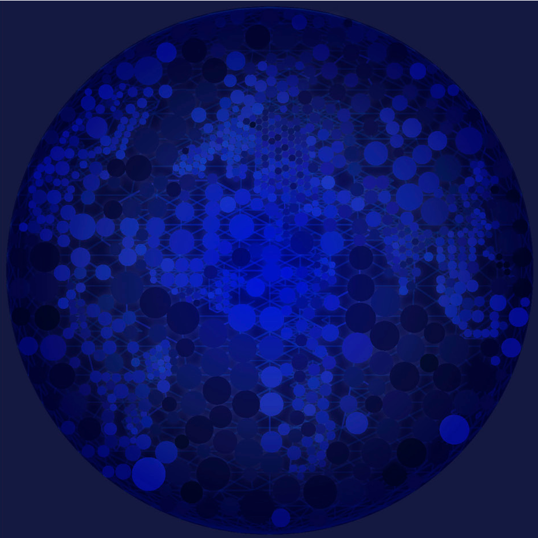 Xmas 2017 greeting card from Nabil Gholam Architects, abstract sphere of overlapping blue circles and faint connecting lines on a dark navy background