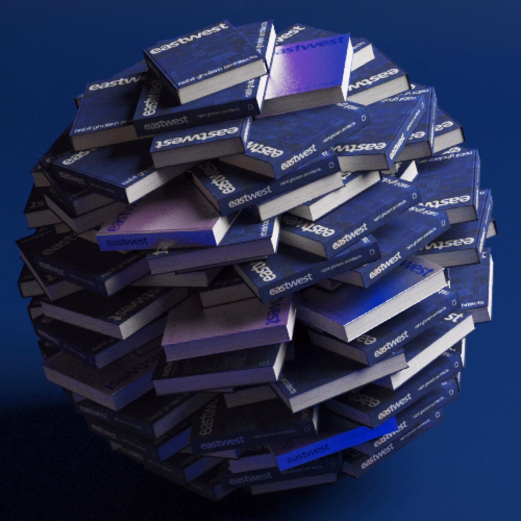 Xmas 2013 greeting card by Nabil Gholam Architects, copies of the "eastwest" monograph arranged into a sphere against a dark blue background