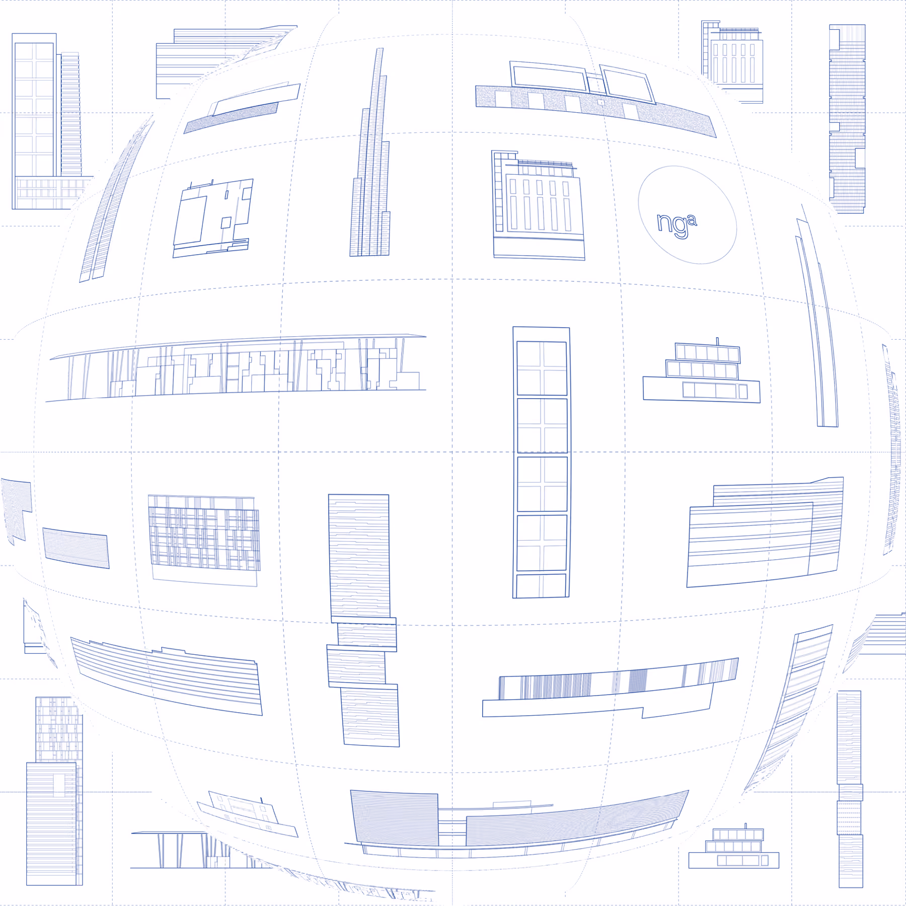 Xmas 2009 greeting card by Nabil Gholam Architects, blue line drawings of varied building elevations arranged on a spherical grid with the nga logo at centre