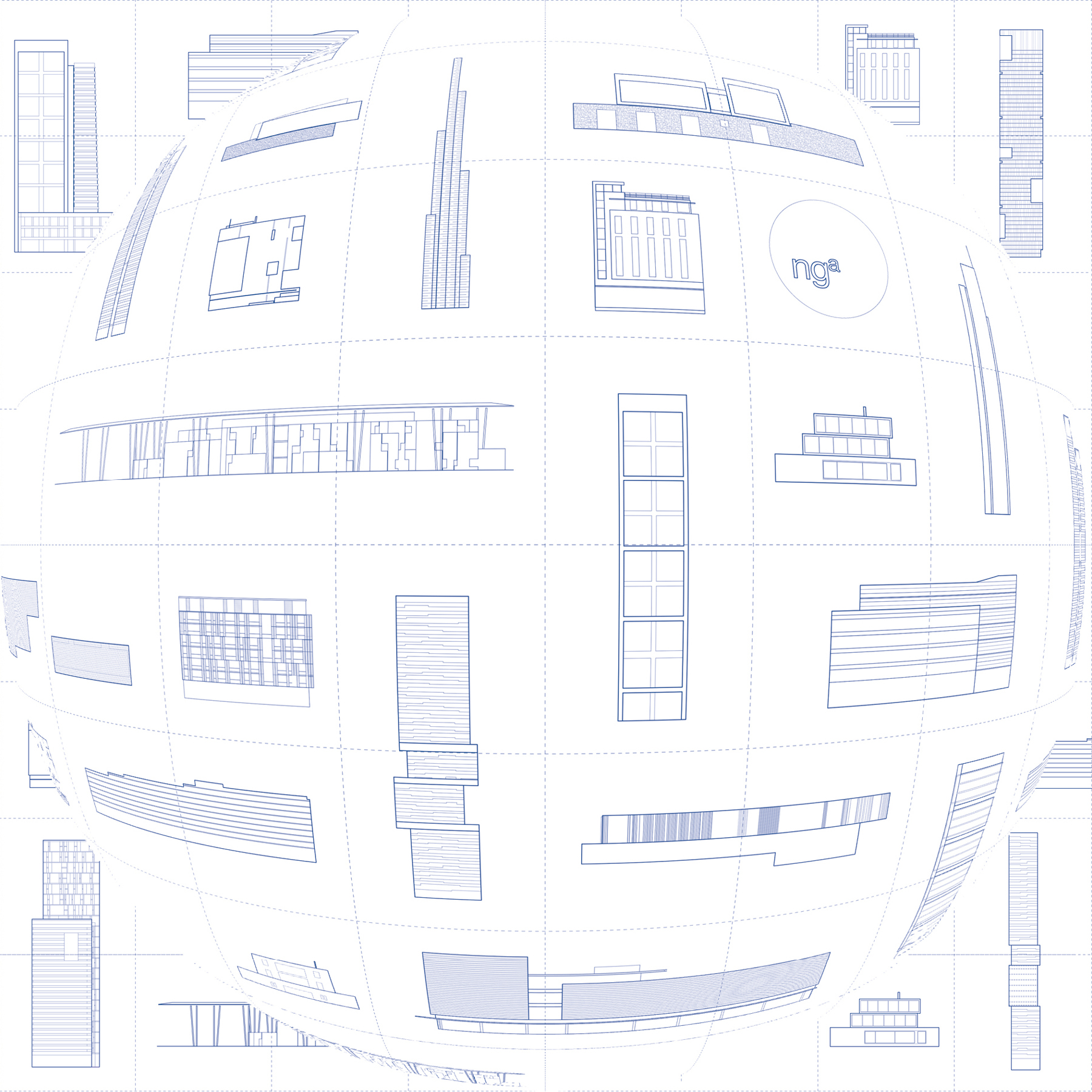 Xmas 2009 greeting card by Nabil Gholam Architects, blue line drawings of varied building elevations arranged on a spherical grid with the nga logo at centre