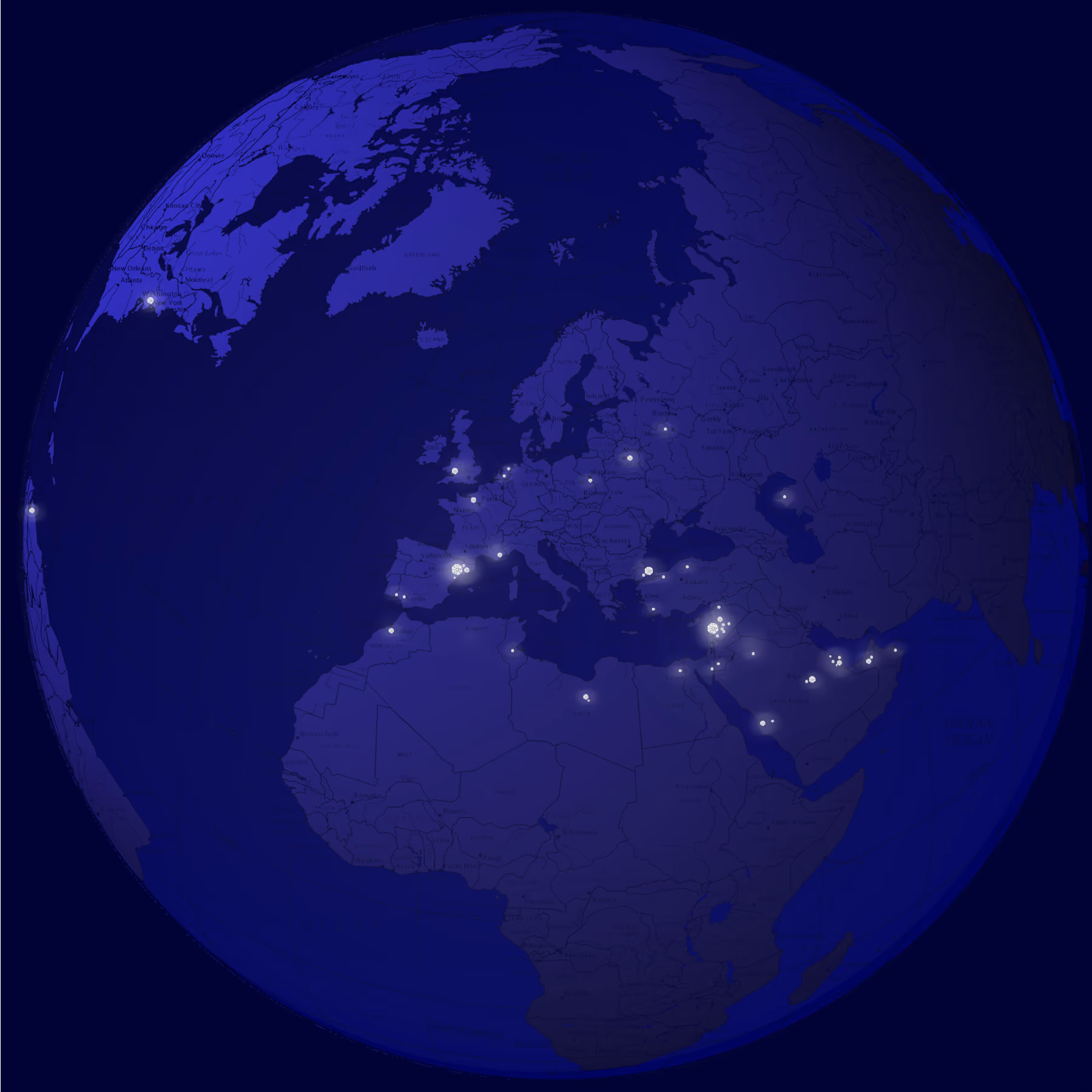 Xmas 2007 greeting card by Nabil Gholam Architects, illustrated globe on dark blue with glowing points marking cities across Europe, the Middle East and beyond