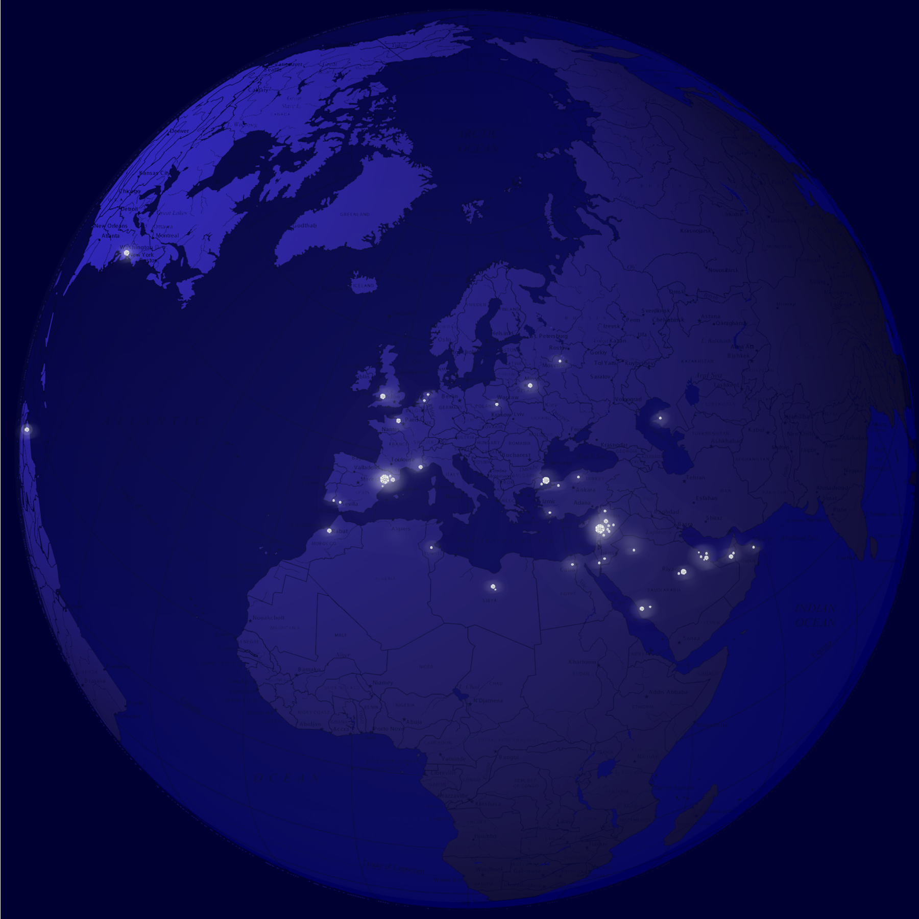 Xmas 2007 greeting card by Nabil Gholam Architects, illustrated globe on dark blue with glowing points marking cities across Europe, the Middle East and beyond