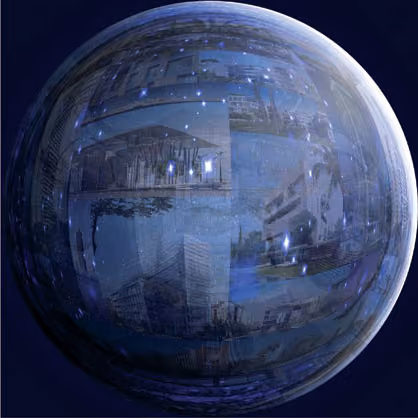 Nabil Gholam Architects' 2008 holiday greeting card, a spherical composite reflecting various building projects wrapped around a glowing blue globe