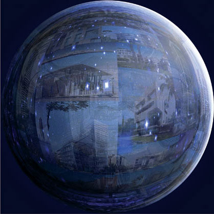 Nabil Gholam Architects' 2008 holiday greeting card, a spherical composite reflecting various building projects wrapped around a glowing blue globe