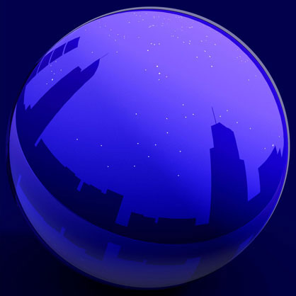 Xmas 2006 greeting card from Nabil Gholam Architects, a glowing blue sphere reflecting a city skyline silhouette under a starry night sky