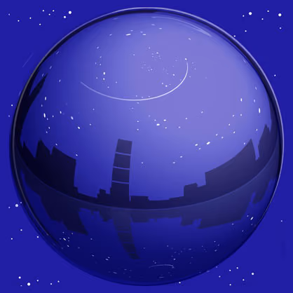 Nabil Gholam Architects' Xmas 2005 greeting card, illustration of a glass sphere reflecting a starry night sky and city skyline against a deep blue background