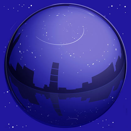 Nabil Gholam Architects' Xmas 2005 greeting card, illustration of a glass sphere reflecting a starry night sky and city skyline against a deep blue background