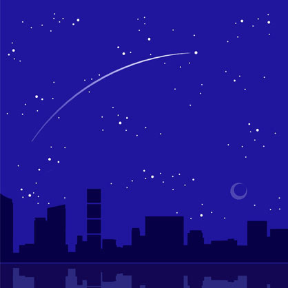 Xmas 2004 greeting card from Nabil Gholam Architects, illustrated night skyline with a crescent moon, stars and a shooting star above silhouetted buildings