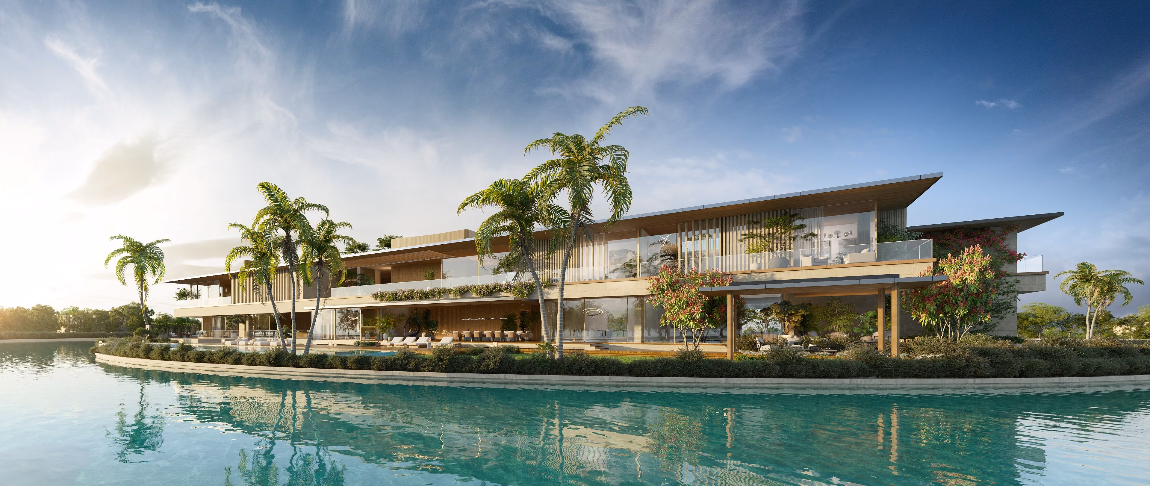 Waterfront villa with wide cantilevered roofs and glazed facades, palm trees and terraces lining a canal, by Nabil Gholam Architects