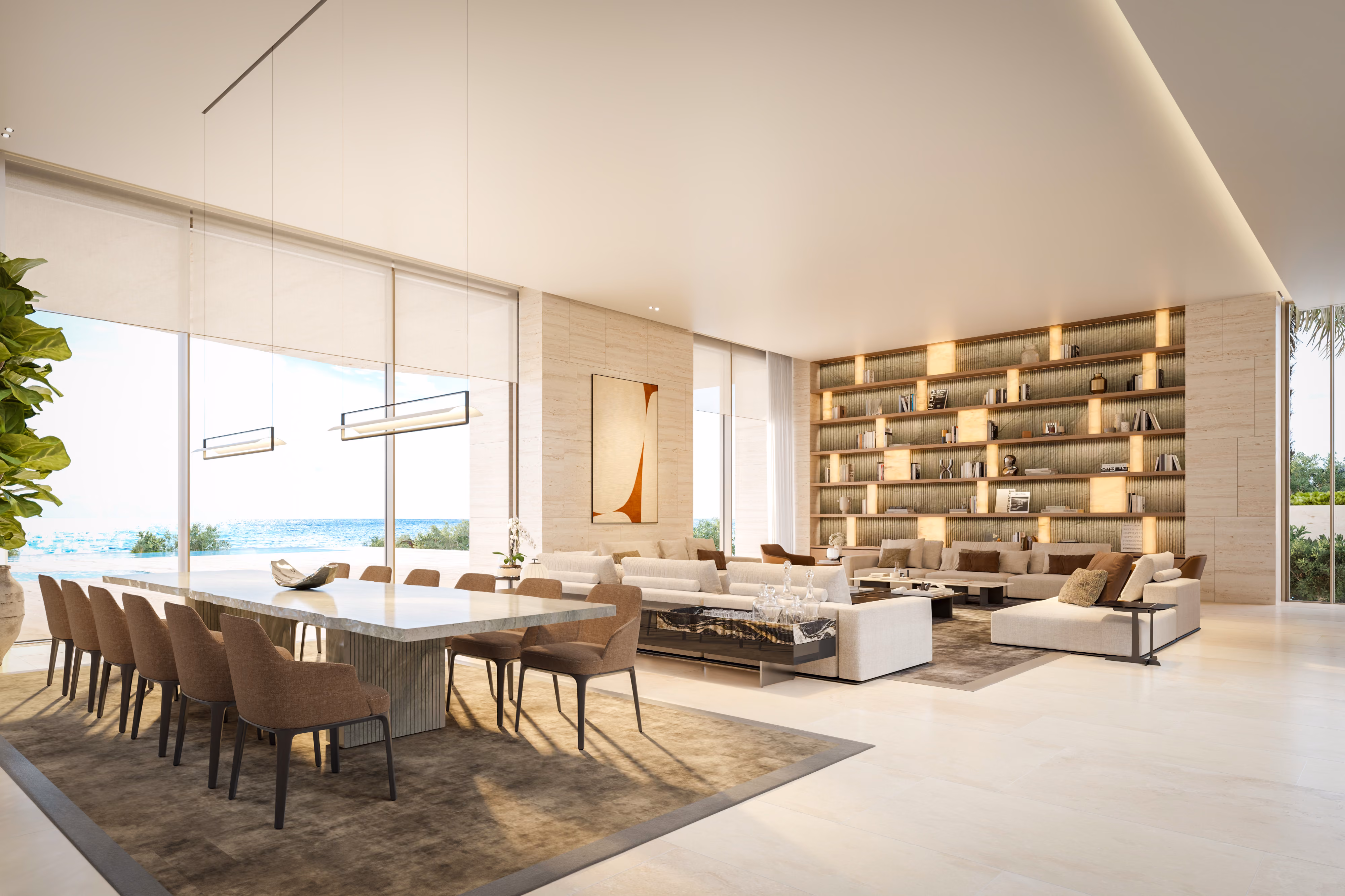 Open-plan living and dining space by Nabil Gholam Architects, floor-to-ceiling glass walls opening onto the sea, illuminated bookshelves and neutral furnishings blurring indoors and outdoors