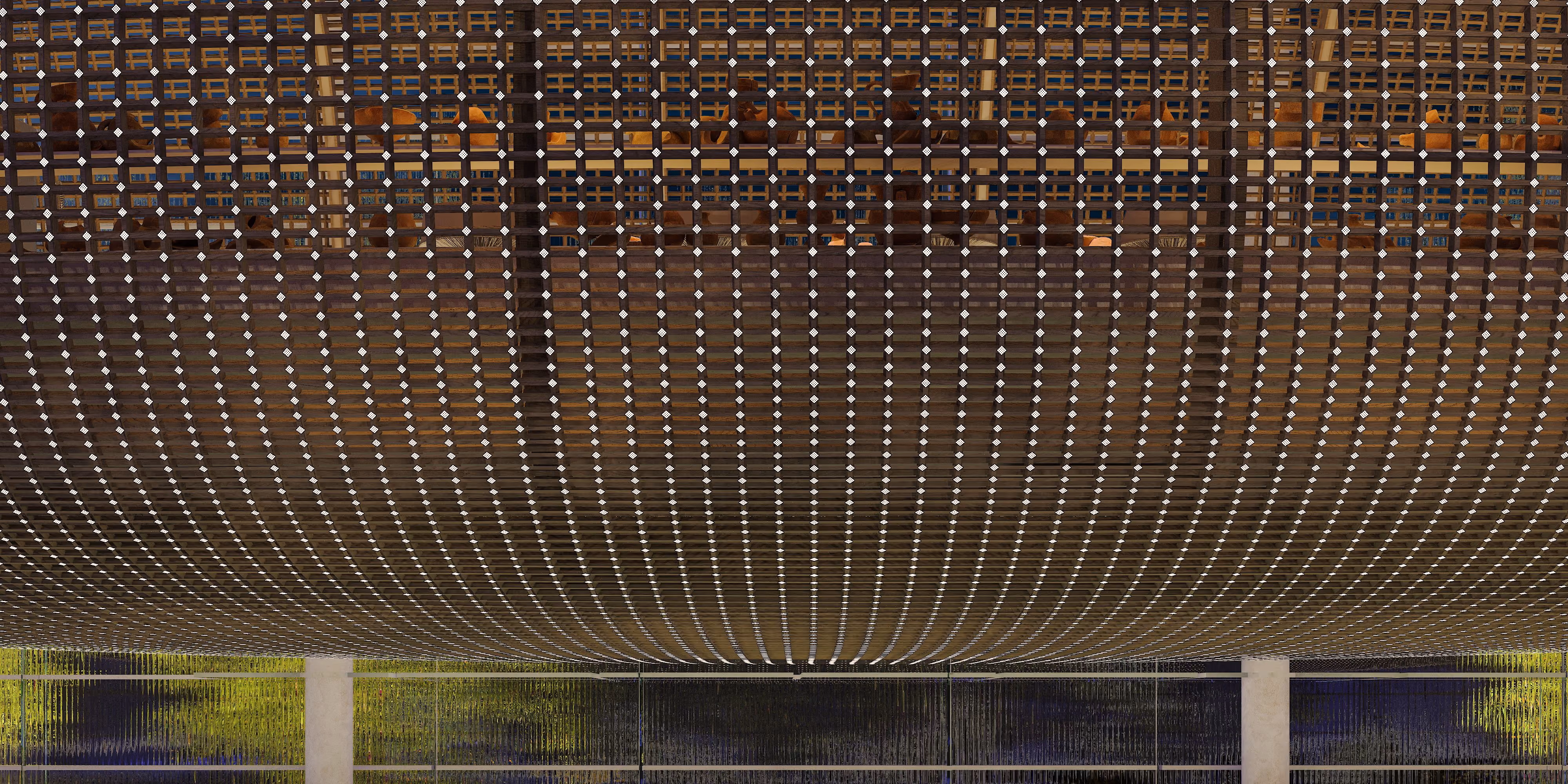 Curved perforated metal screen facade with diamond-shaped light apertures rippling across a building's underside, illustrating Nabil Gholam Architects' approach to the built environment