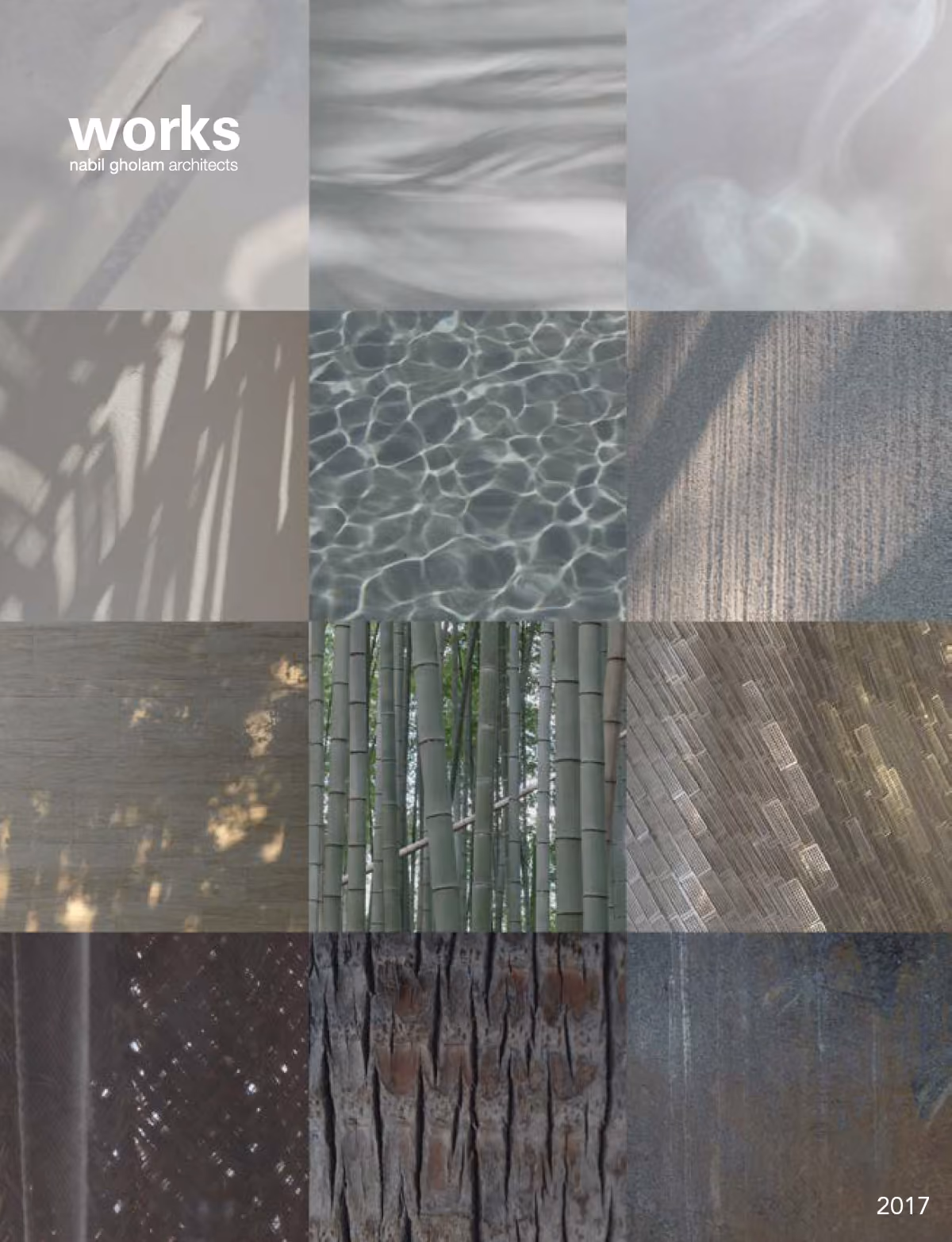 Cover of Works 2017 by Nabil Gholam Architects, a grid of nature and material textures including water, bamboo, sand and tree bark