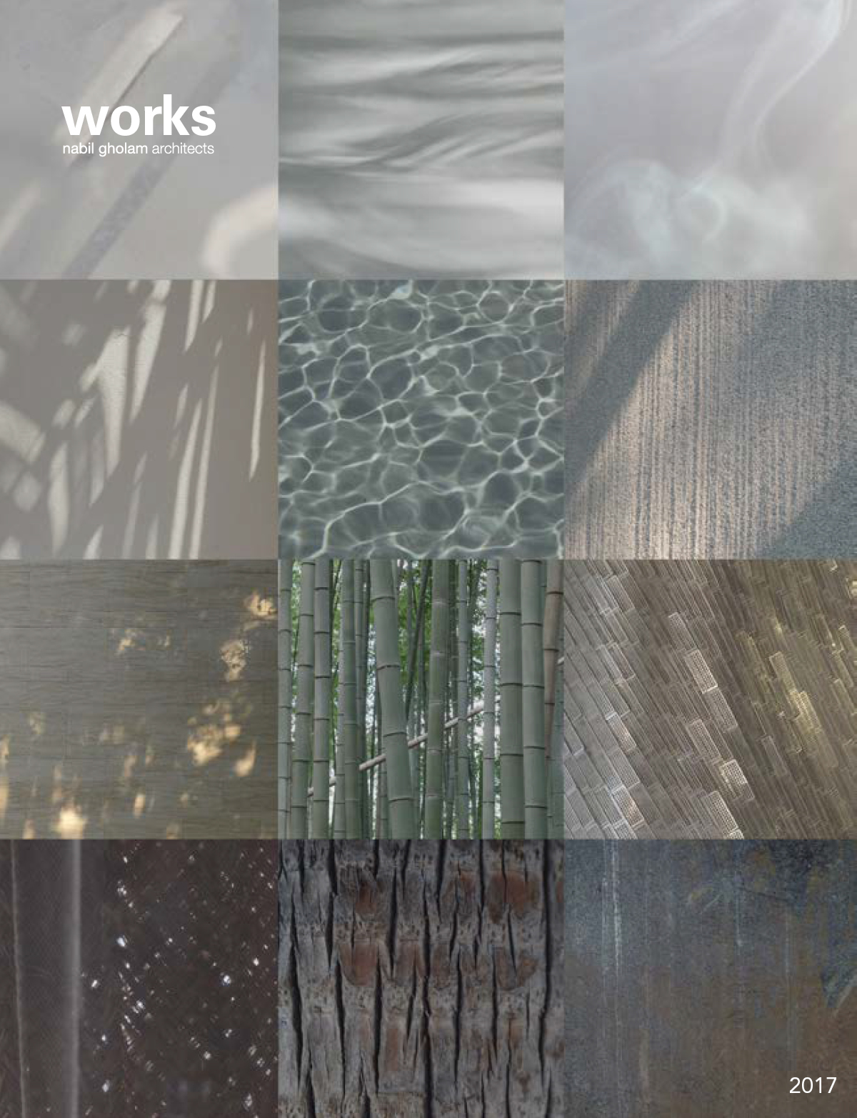 Cover of Works 2017 by Nabil Gholam Architects, a grid of nature and material textures including water, bamboo, sand and tree bark