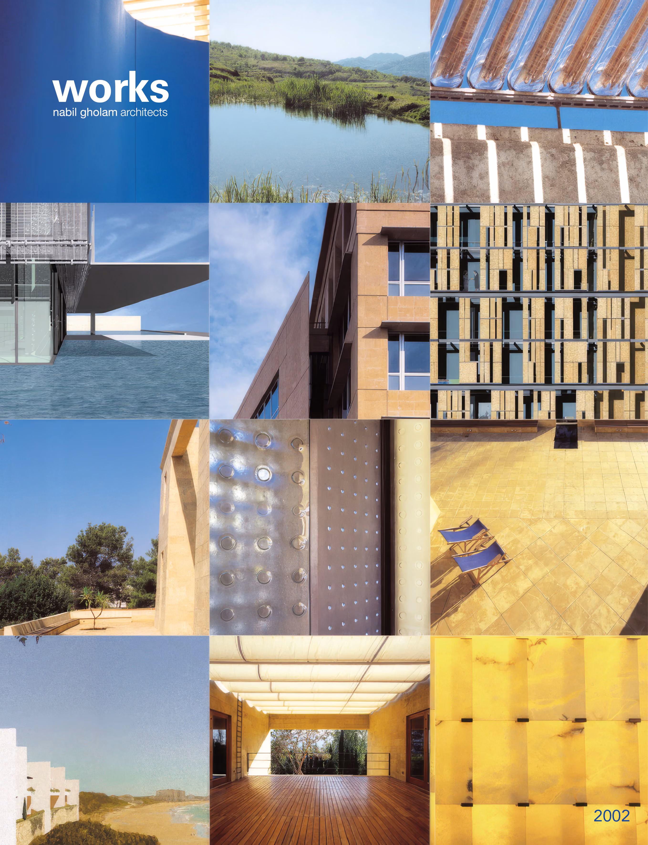 Cover of Works 2002, the first Nabil Gholam Architects monograph, a grid of project photographs including facades, landscapes and material details