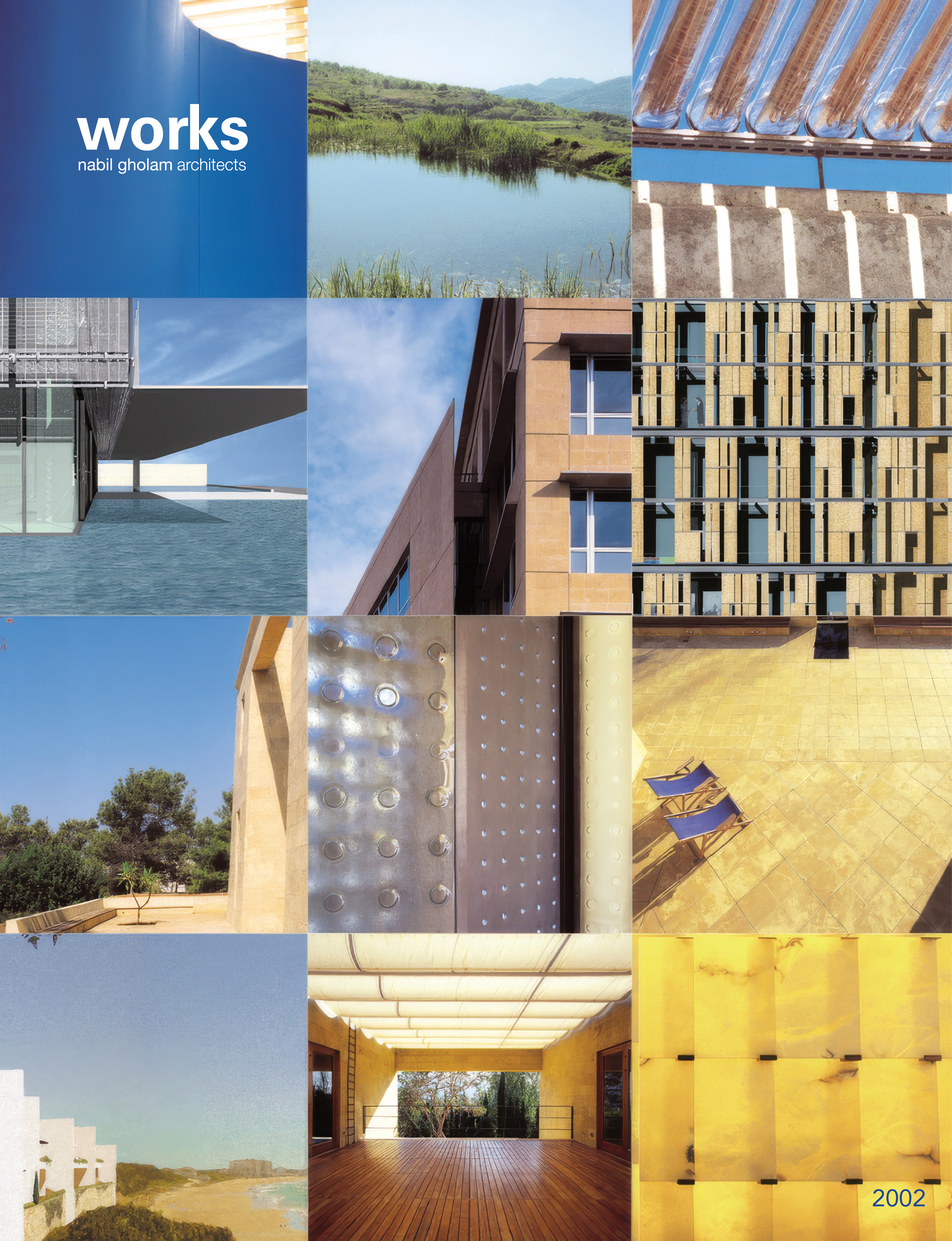 Cover of Works 2002, the first Nabil Gholam Architects monograph, a grid of project photographs including facades, landscapes and material details