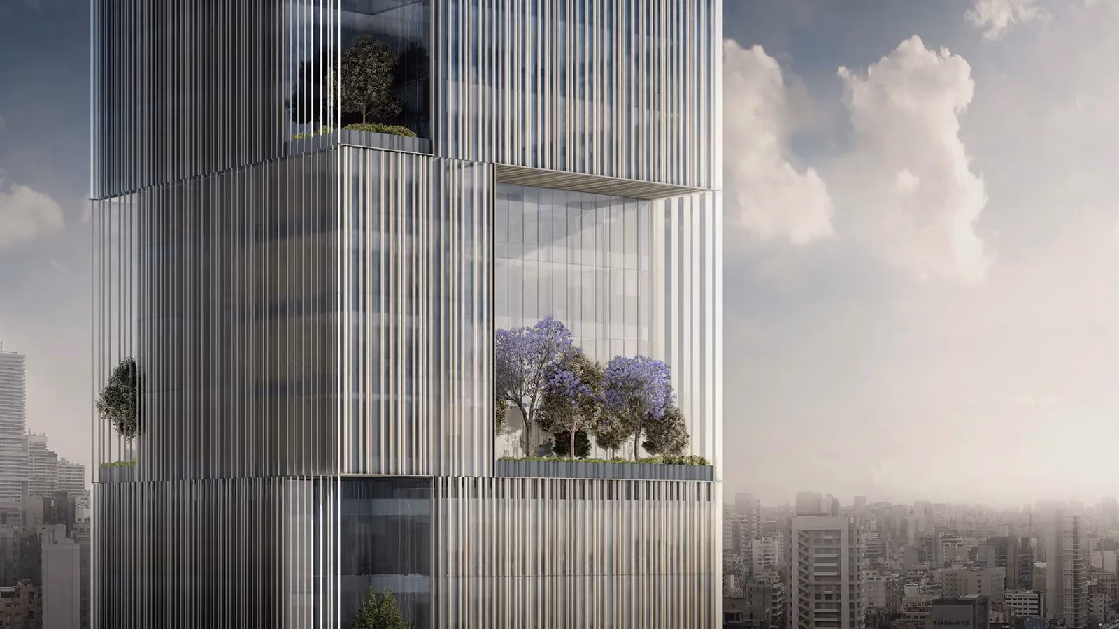 Bank Headquarters by Nabil Gholam Architects in Beirut, a vertically louvered high-rise with recessed sky gardens of flowering trees overlooking the city, Lebanon