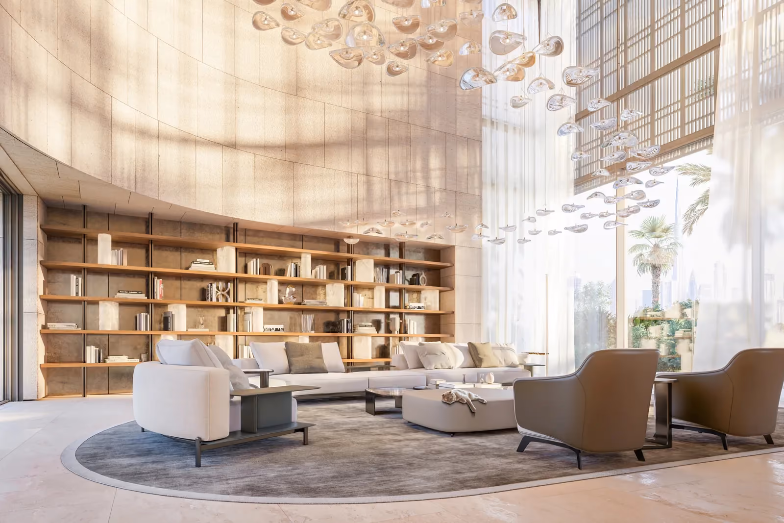 Nautile villa interior, Dubai, UAE: double-height lounge with curving stone-clad wall, built-in bookshelves, seating, pendant lights, floor-to-ceiling windows overlooking skyline