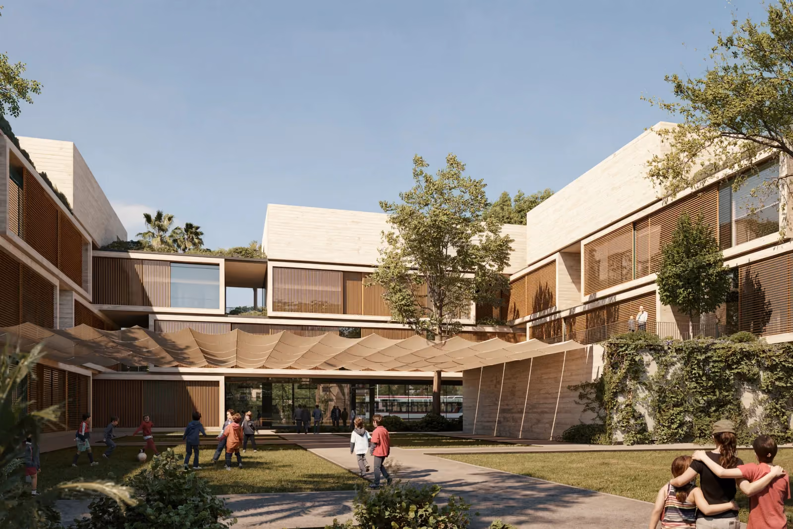 Babel Schools by Nabil Gholam Architects in Babel, Iraq, a courtyard campus with timber louvres, stone volumes and a shaded canopy where children play on the lawn