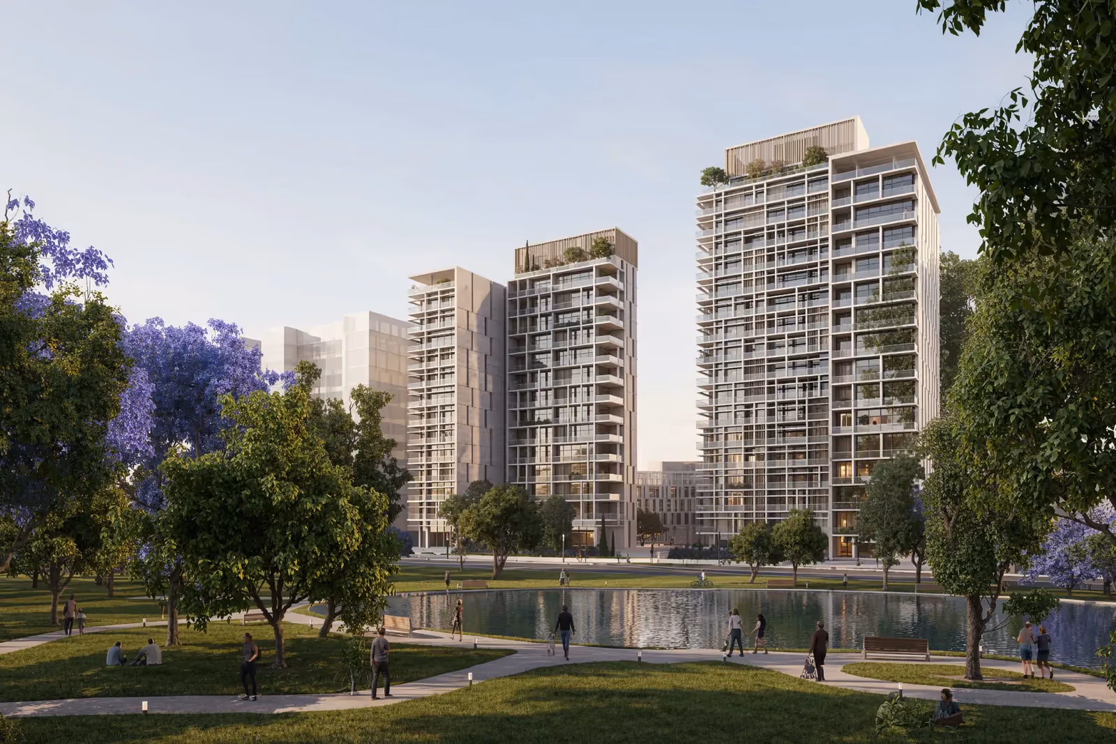 Uptown Park, residential towers by Nabil Gholam Architects with landscaped terraces, overlooking a park and pond in Hazmieh, Lebanon