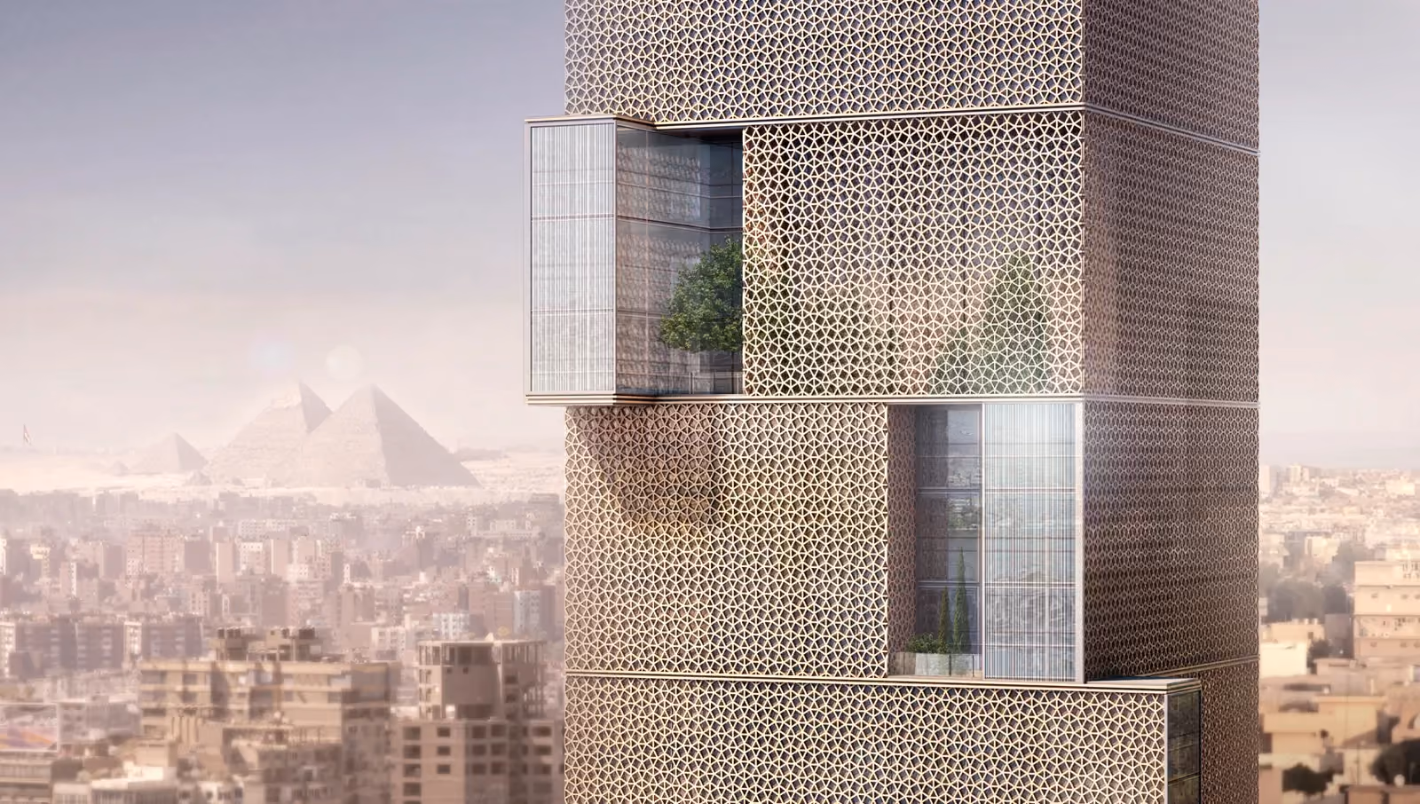 Nile Tower, a lattice-clad high-rise by Nabil Gholam Architects, with recessed terraced greenery overlooking the Giza pyramids and Cairo skyline, Egypt