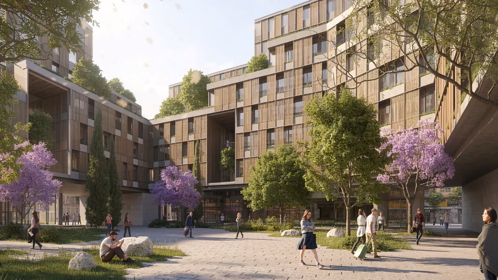 City Campus 01 by Nabil Gholam Architects, timber-clad student housing blocks framing a landscaped piazza with jacaranda trees in Beirut, Lebanon