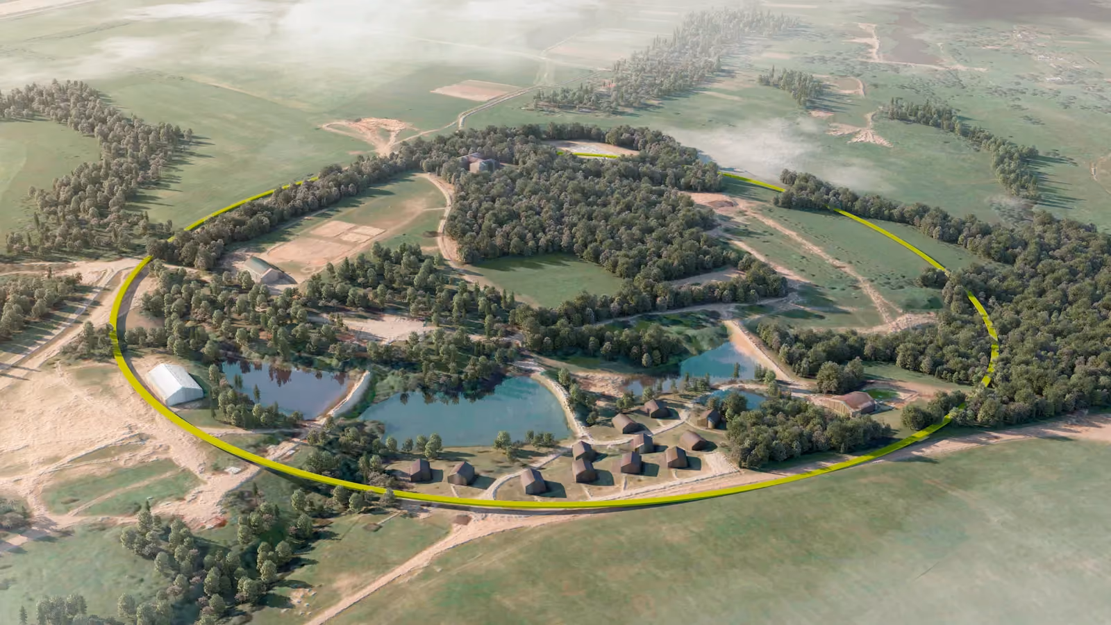 Tec eco-retreat by Nabil Gholam Architects, aerial view of clustered cabins around ponds within a forested loop road near Moscow, Russia