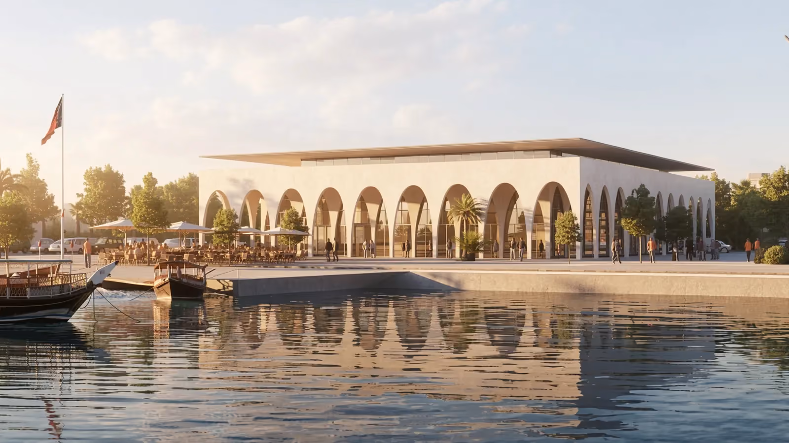 Fish Market by Nabil Gholam Architects, a waterfront pavilion with a double arcade of concrete arches and a floating roof, moored boats reflected in the harbour