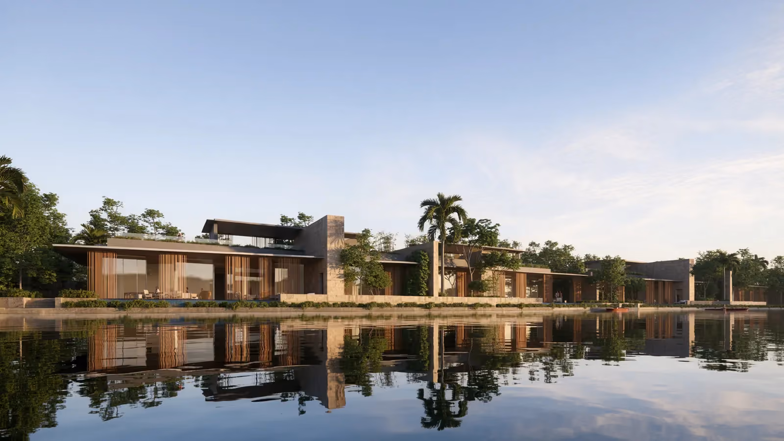 Beach Club Villas by Nabil Gholam Architects, low timber-screened residences with stone walls lining the calm Tilal Al Ghaf Lagoon in Dubai, United Arab Emirates