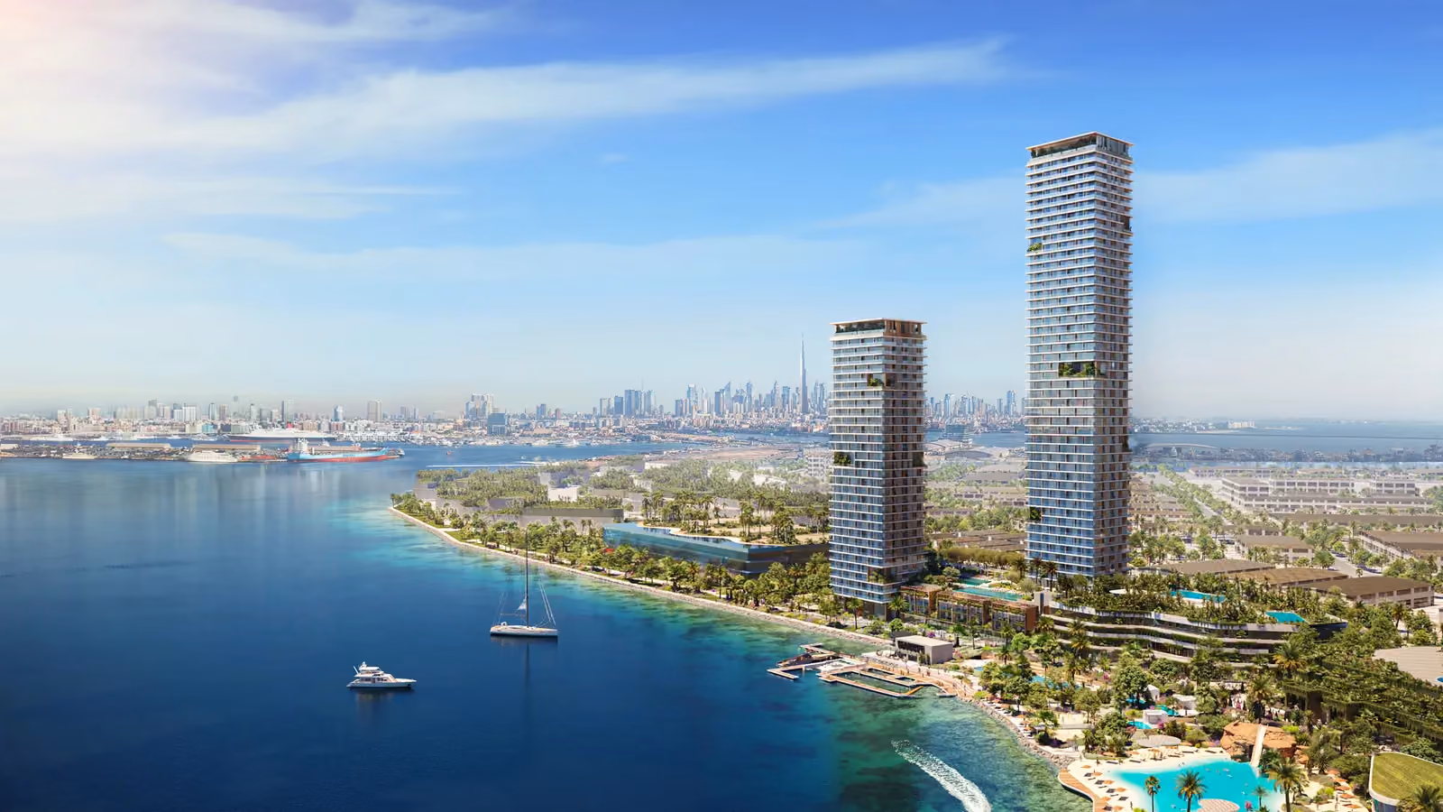 Orise, two slender high-rise towers by Nabil Gholam Architects on Dubai's waterfront, United Arab Emirates, with the city skyline and yachts in the distance