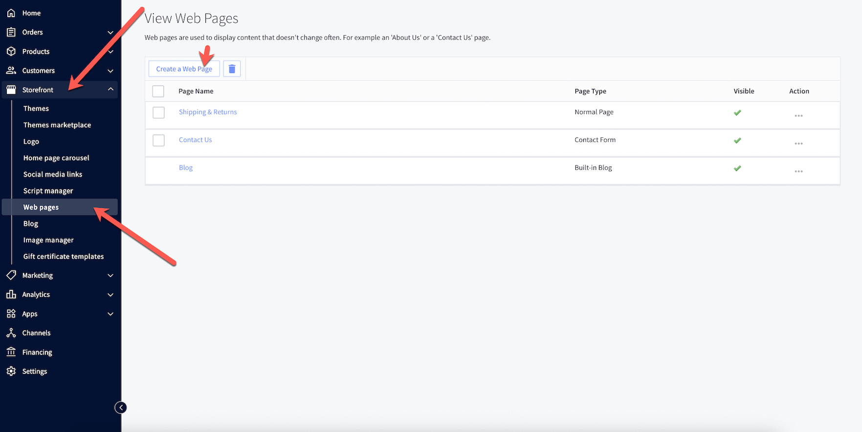 how to create Web Page in BigCommerce