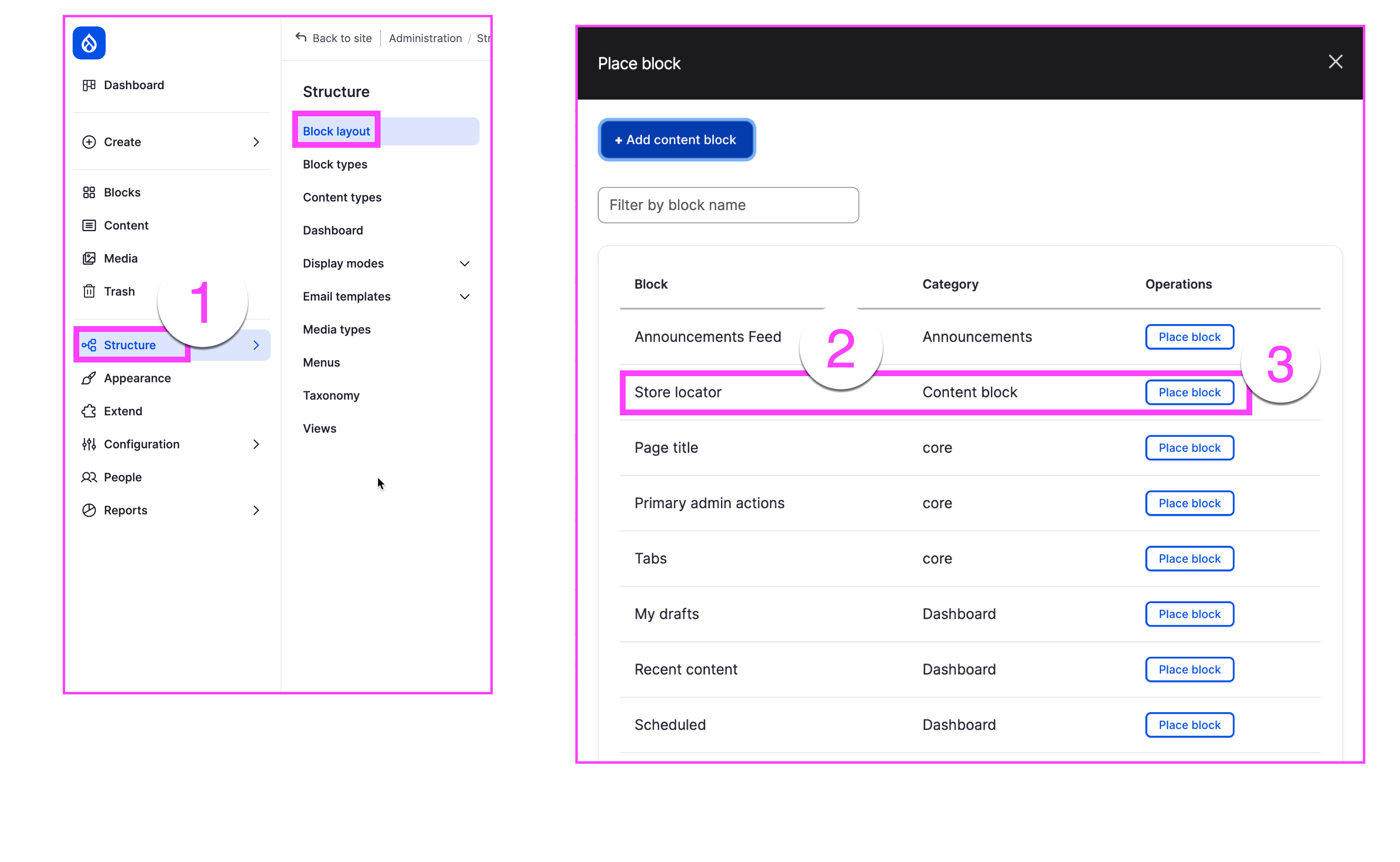 Screenshot showing how to place the MapCosmos store locator block on a Drupal page via Structure → Block Layout.